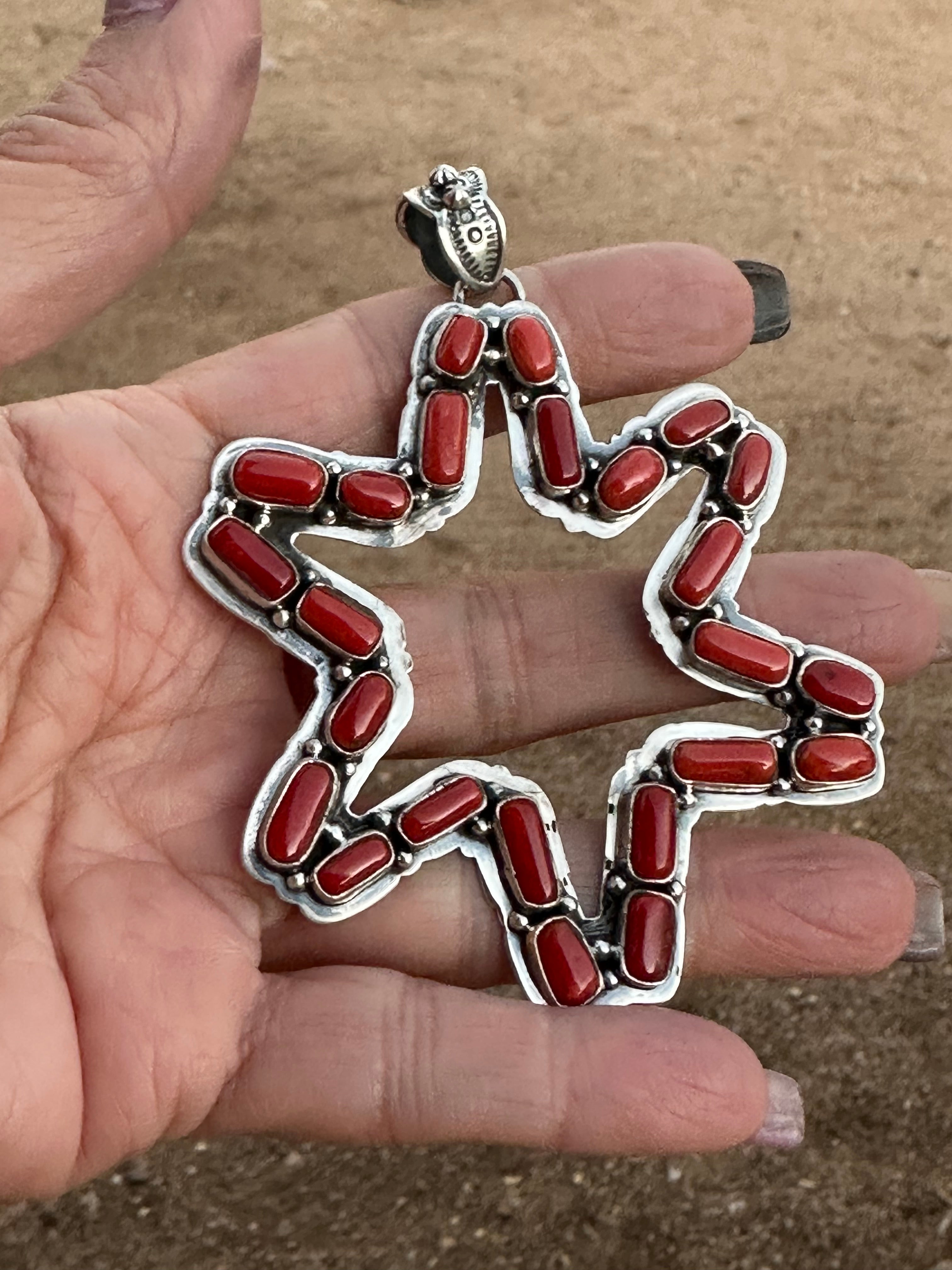 Handmade Sterling Silver & Coral Christmas Star Pendant