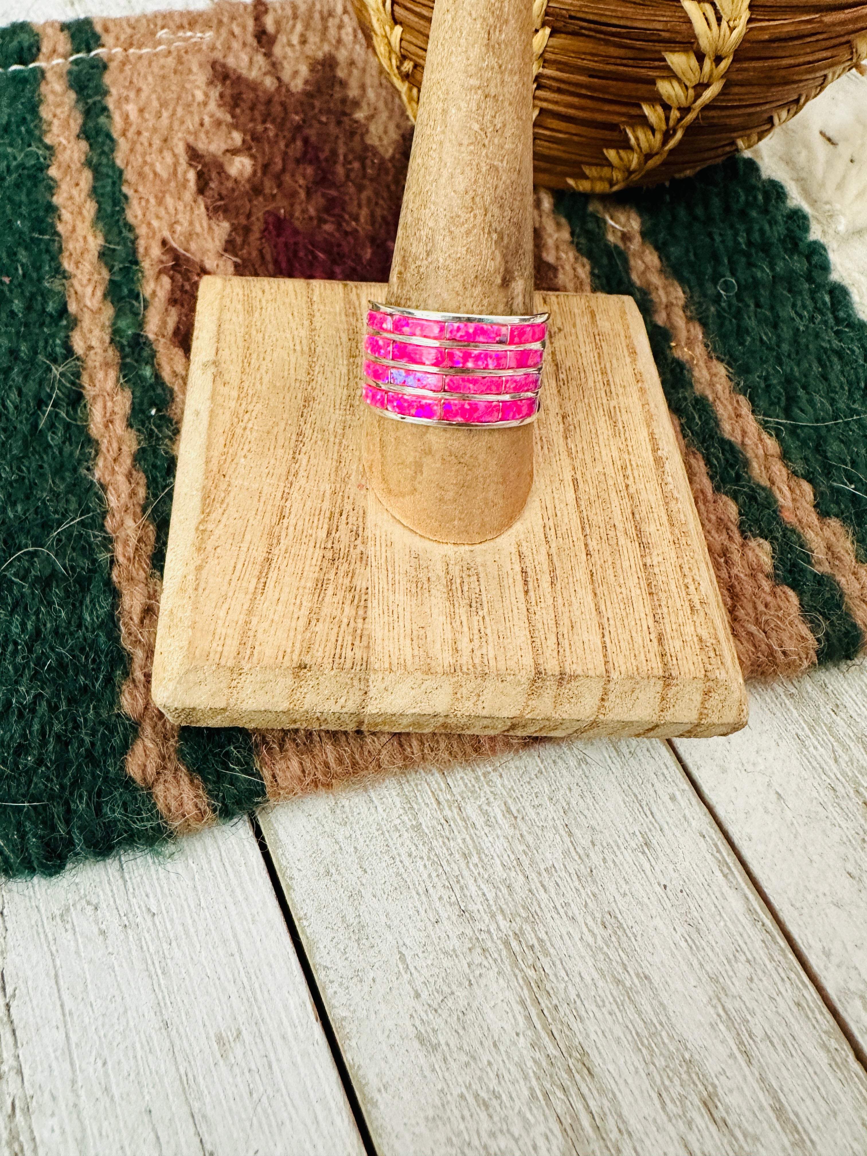 Navajo Sterling Silver & Pink Opal Inlay Band Ring