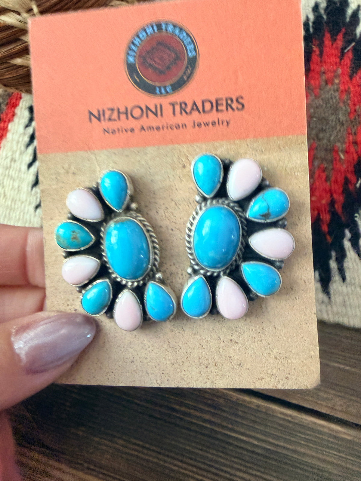 Handcrafted Turquoise, Queen Pink Conch & Sterling Silver Cluster Post Earrings by Geraldine James
