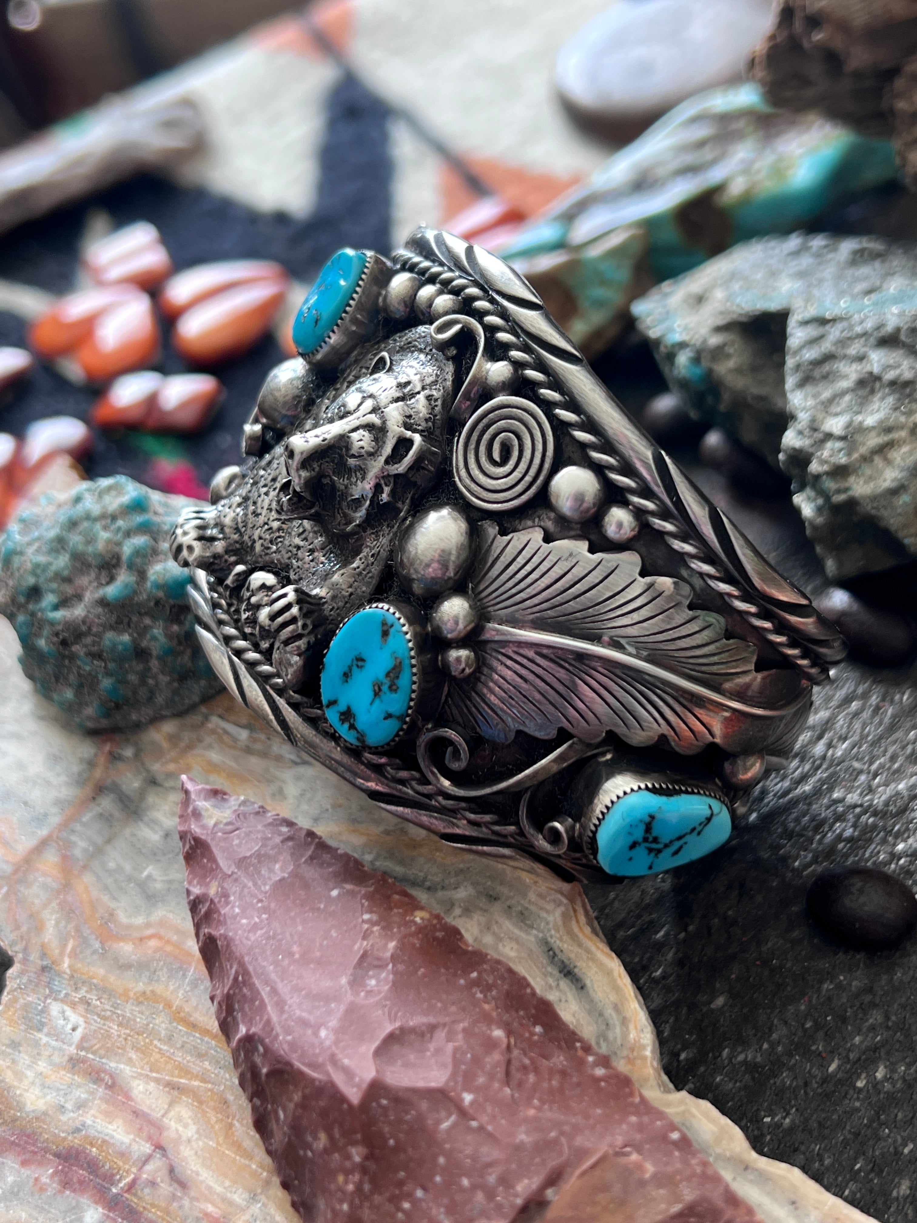 Old Pawn Sterling Silver and Kingman Turquoise Bear Motif Cuff by Running Bear