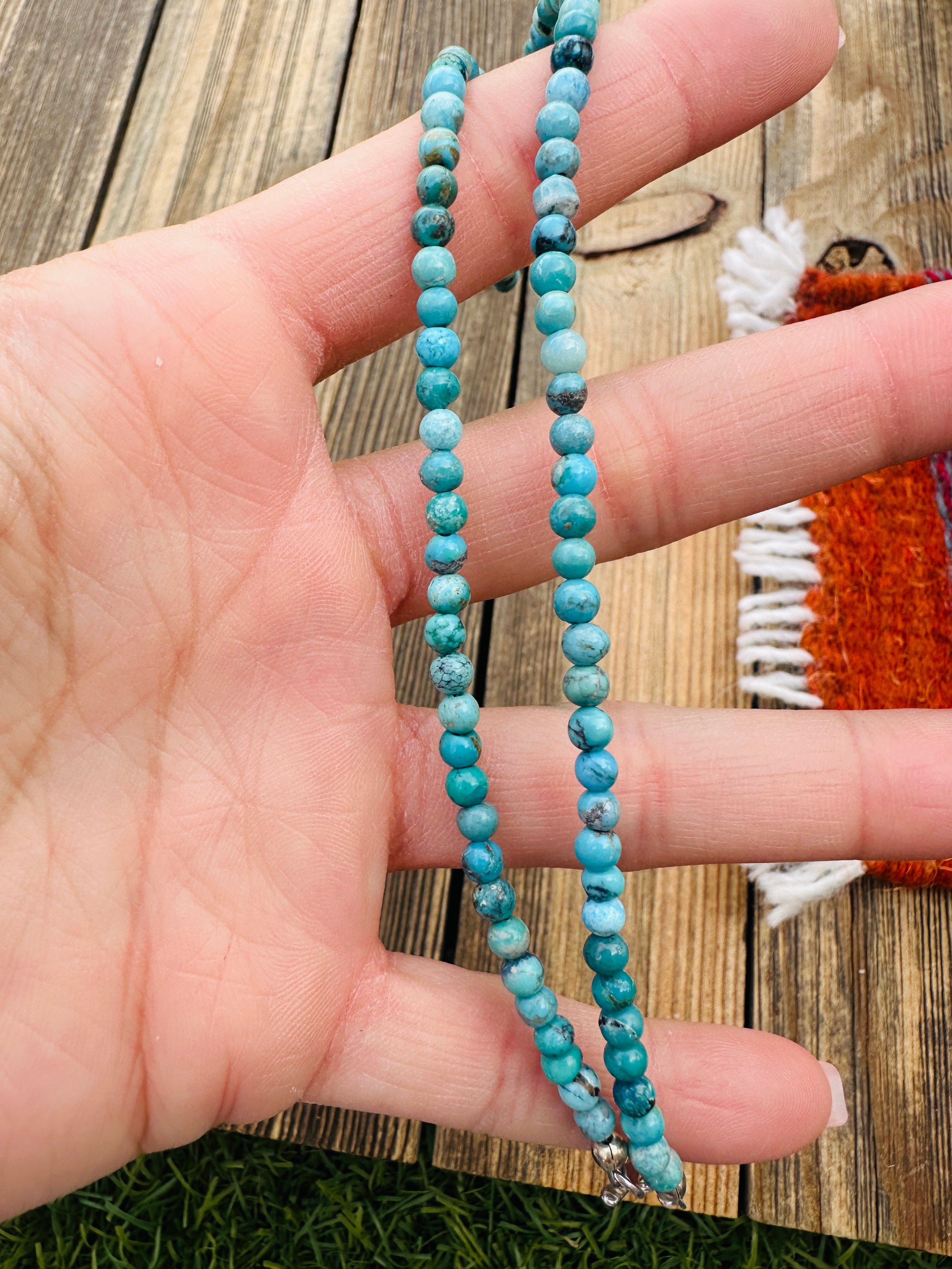 Handcrafted Turquoise & Sterling Silver Beaded 14” Necklace