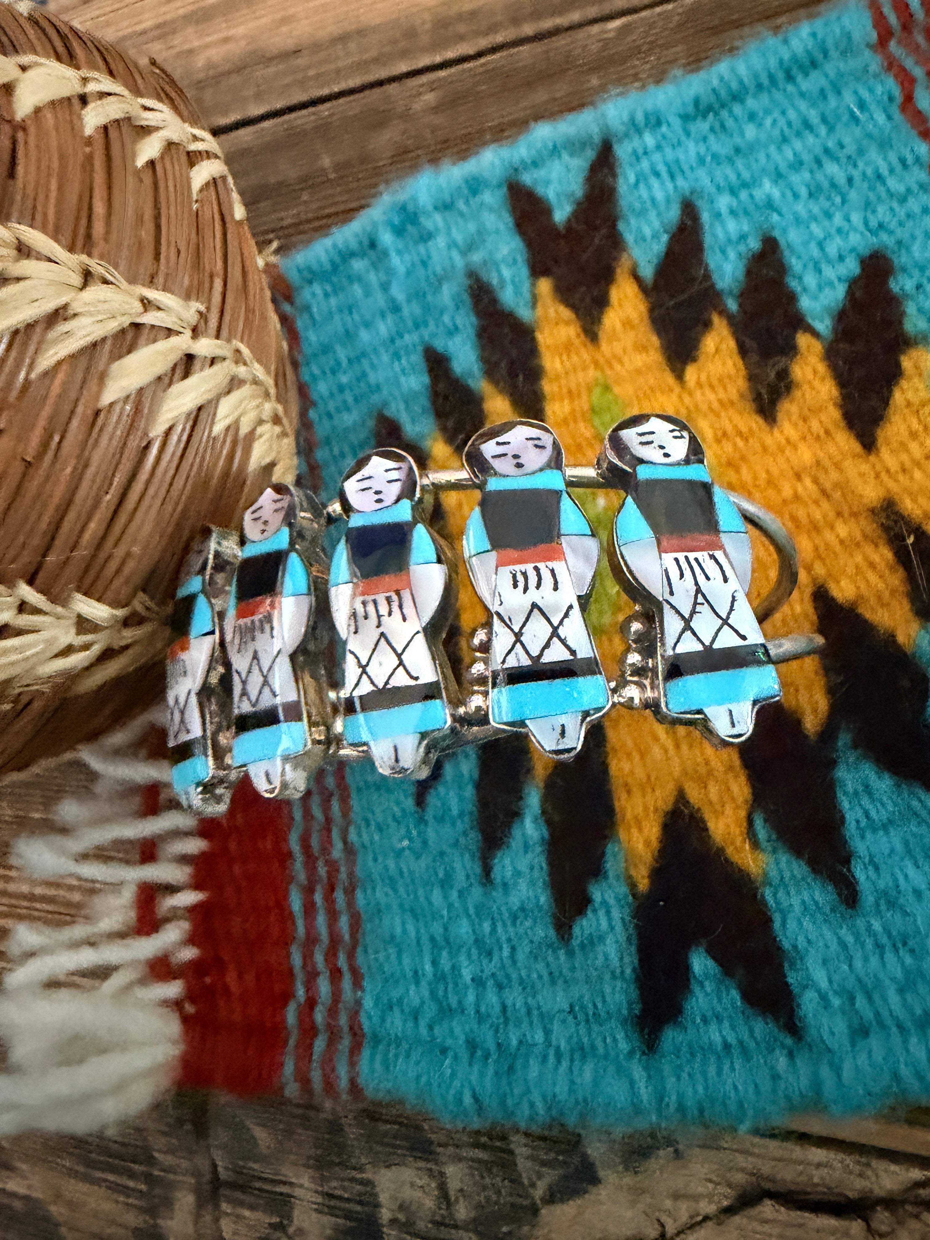 Handcrafted Sterling Silver & Multi Stone Inlay Maiden Girl Cuff Bracelet