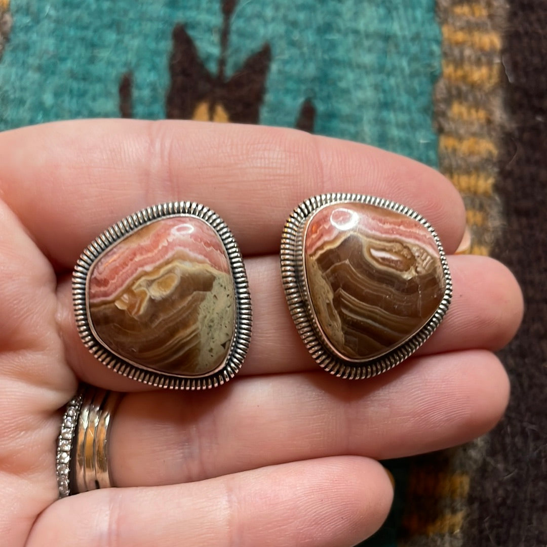 Navajo Sterling Silver & Rhodochrosite Stone Post Earrings