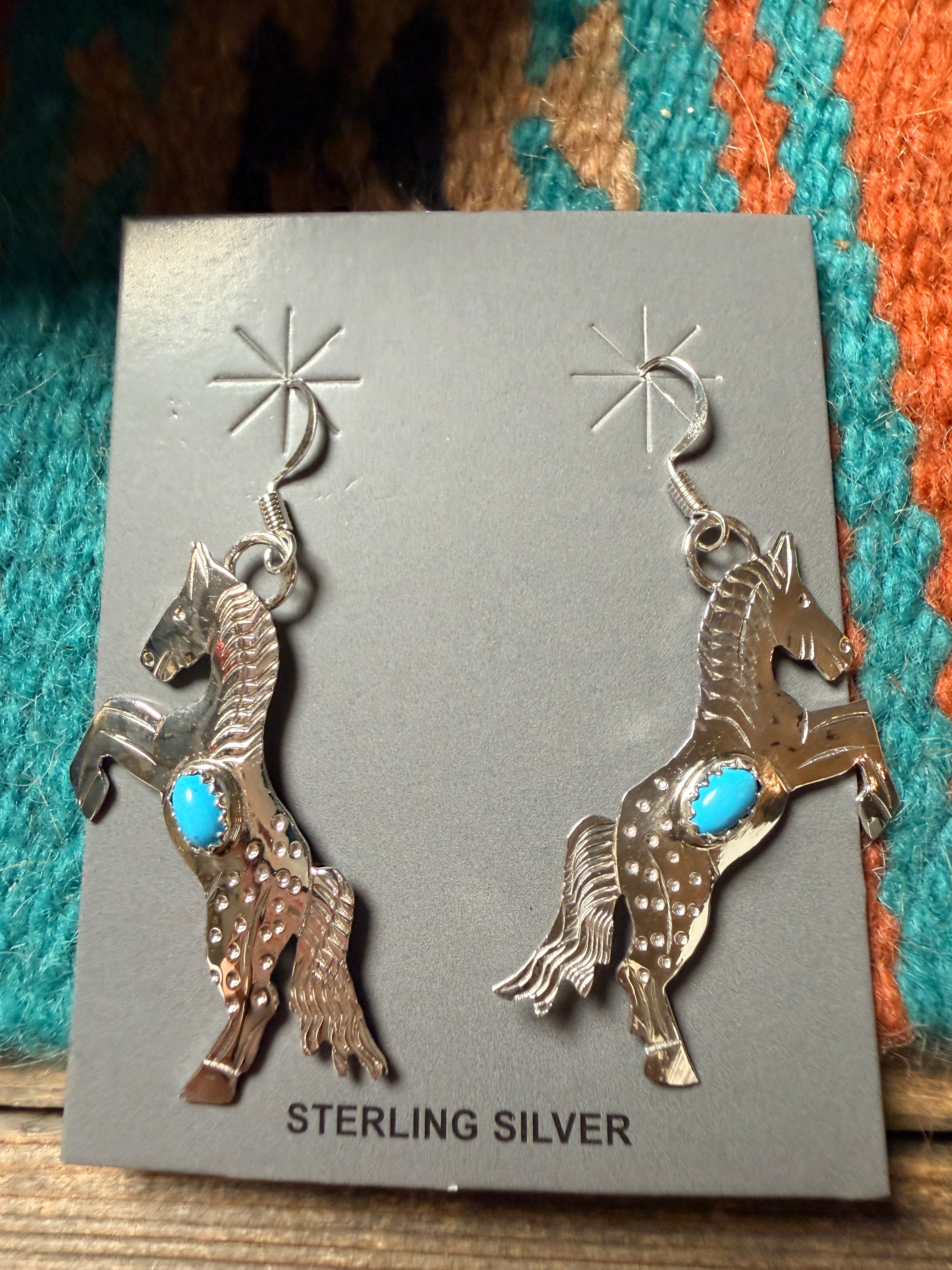 Handcrafted Turquoise & Sterling Silver Horse Dangle Earrings Signed