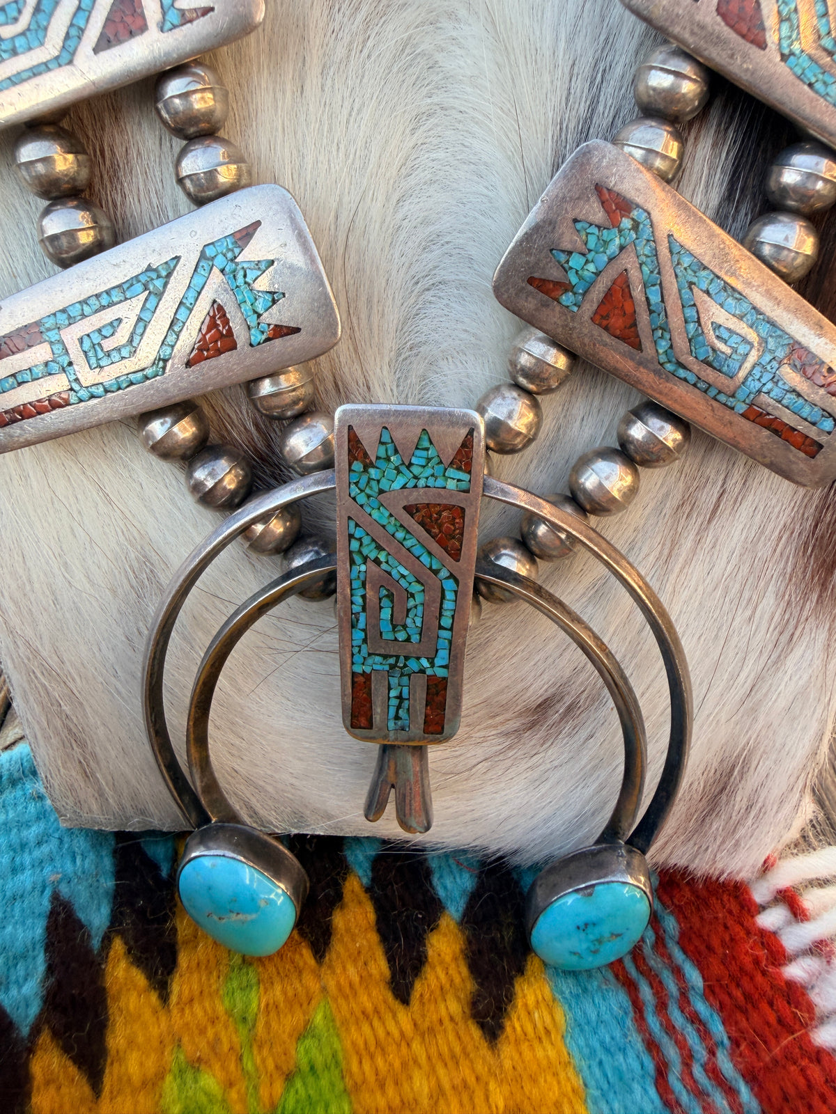 Old Pawn Handcrafted Turquoise, Coral & Sterling Silver Beaded Squash Blossom Necklace by Juan T. Singer