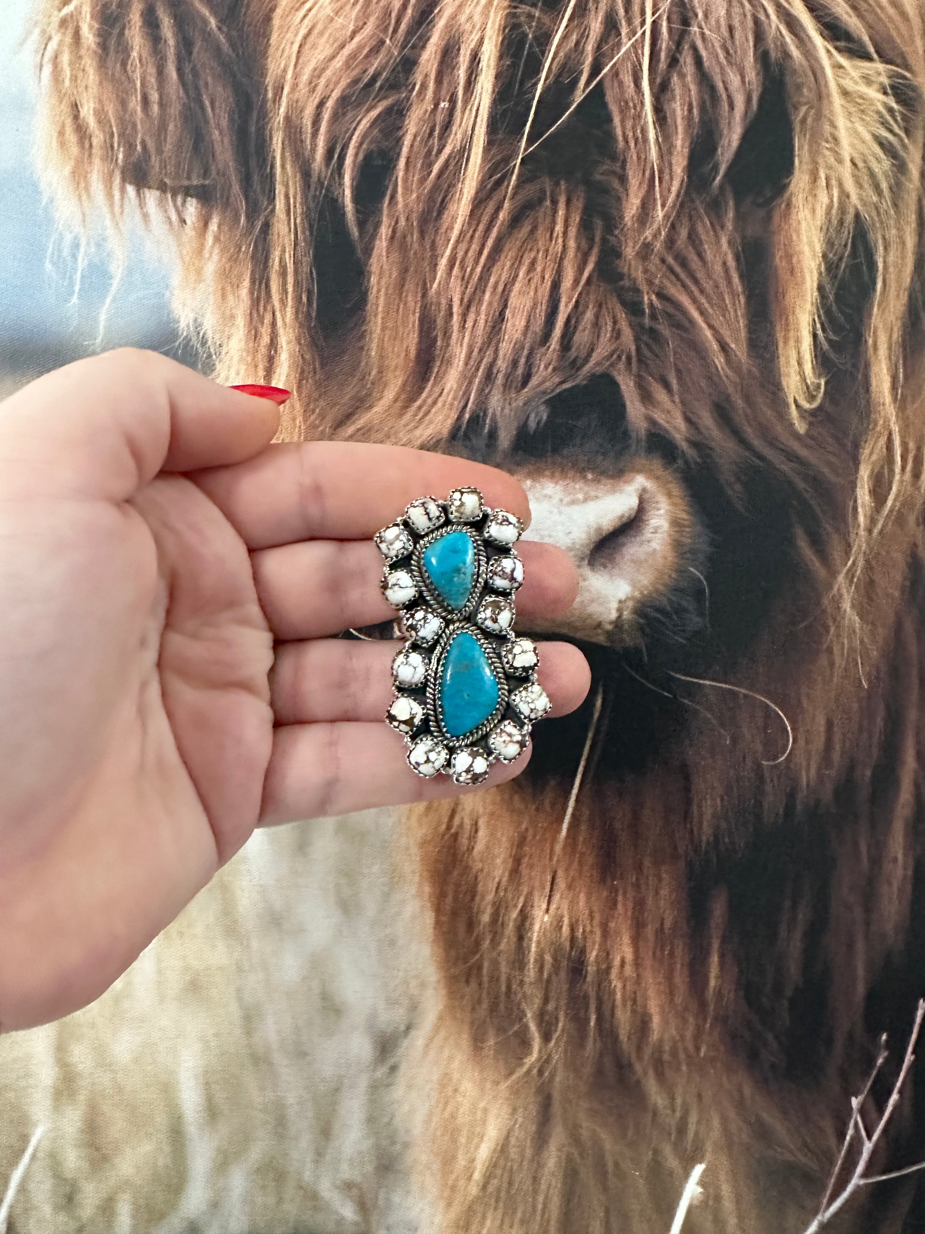 “Free Spirit” Nizhoni’s Wild Horse & Turquoise Sterling Silver Cluster Ring