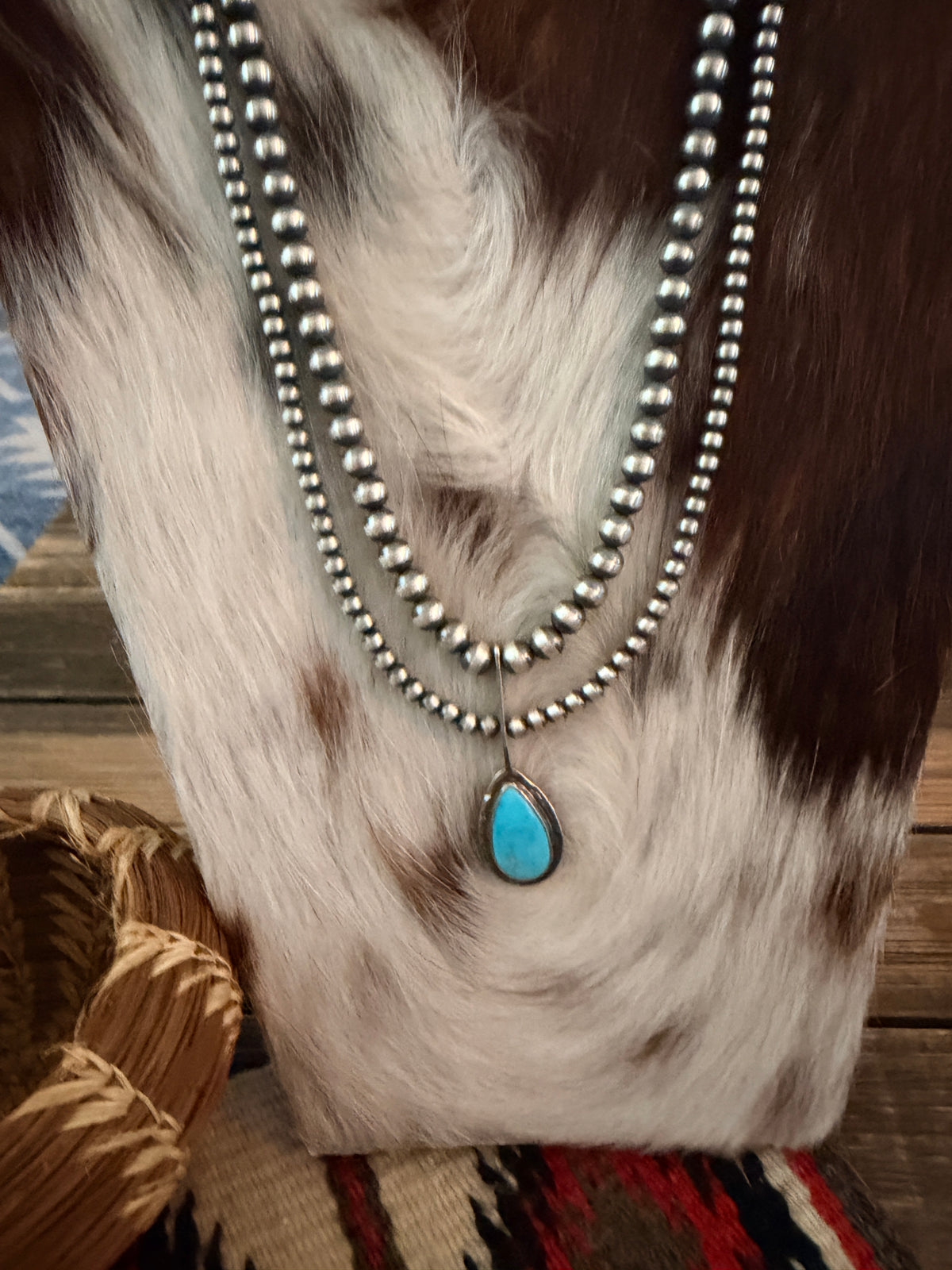 Handcrafted Turquoise & Sterling Silver Pearl 24" Beaded Necklace