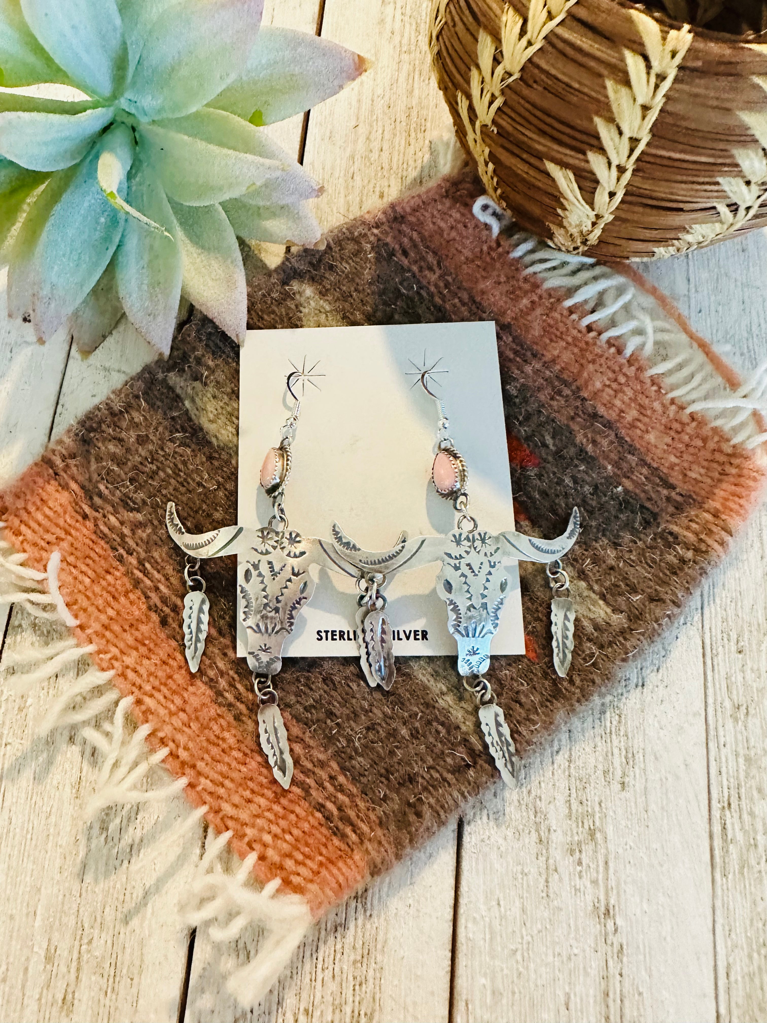 Navajo Queen Pink Conch & Sterling Silver Bull Head Dangle Earrings