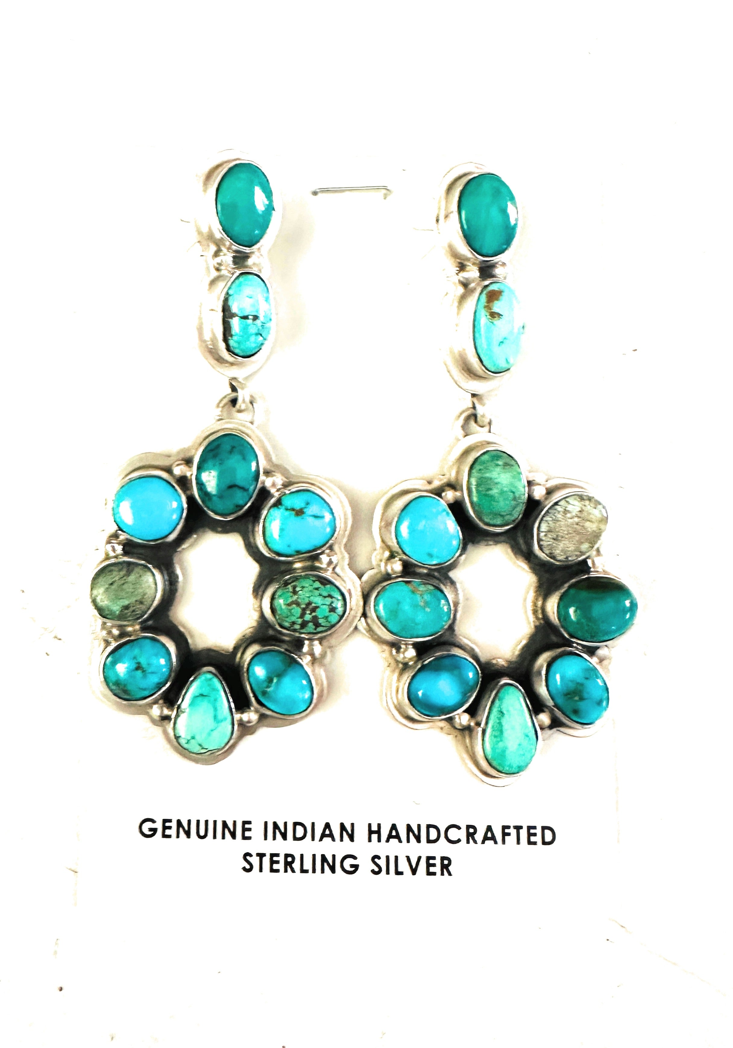 Navajo Multi Turquoise & Sterling Silver Cluster Dangle Earrings