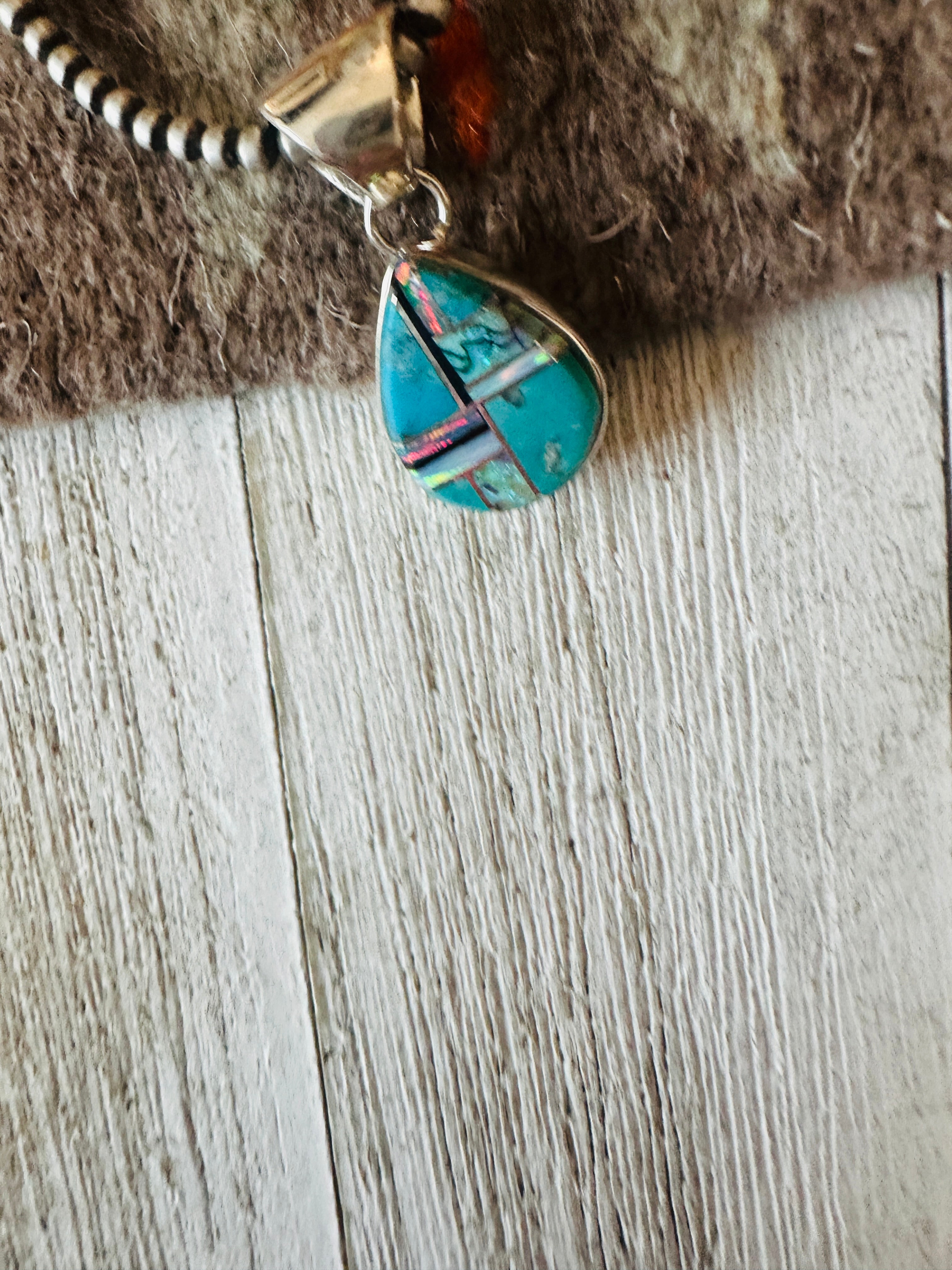 Navajo Multi Stone & Sterling Silver Inlay Teardrop Pendant