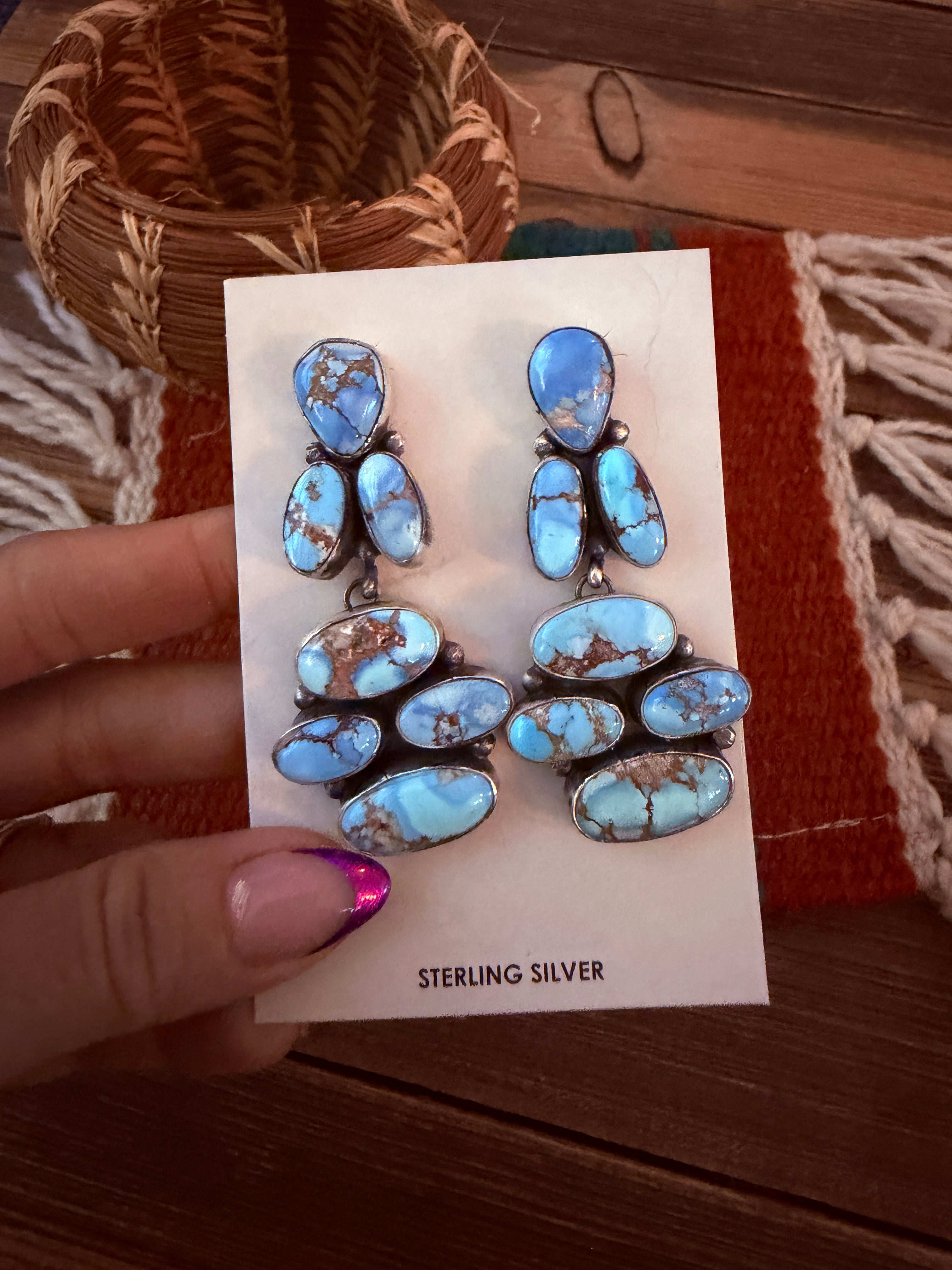 Handcrafted Golden Hills Turquoise & Sterling Silver Cluster Dangle Earrings by Jameson Garcia