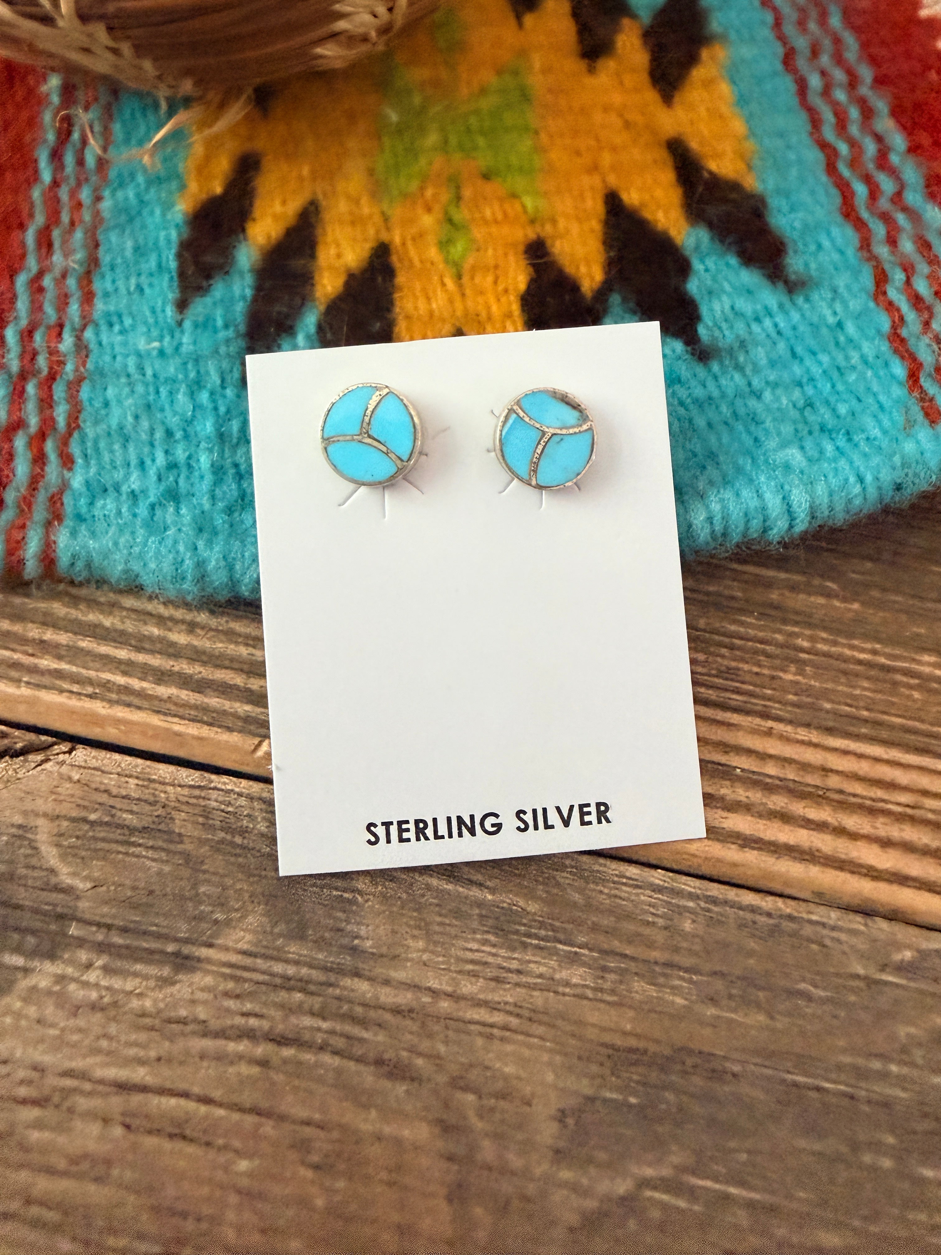 Handcrafted Turquoise & Sterling Silver Inlay Stud Earrings