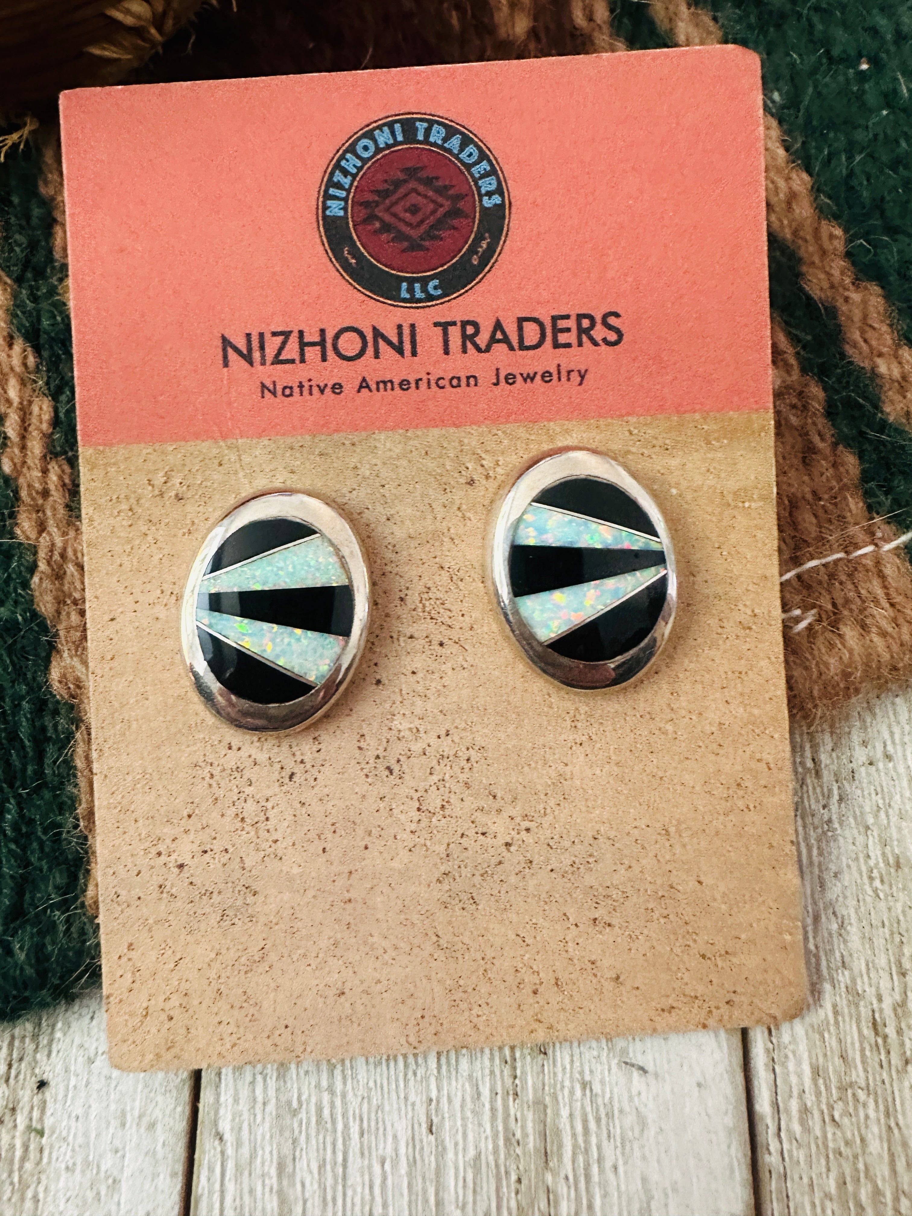 Handcrafted Old Pawn Sterling Silver, Onyx & Opal Inlay Post Earrings