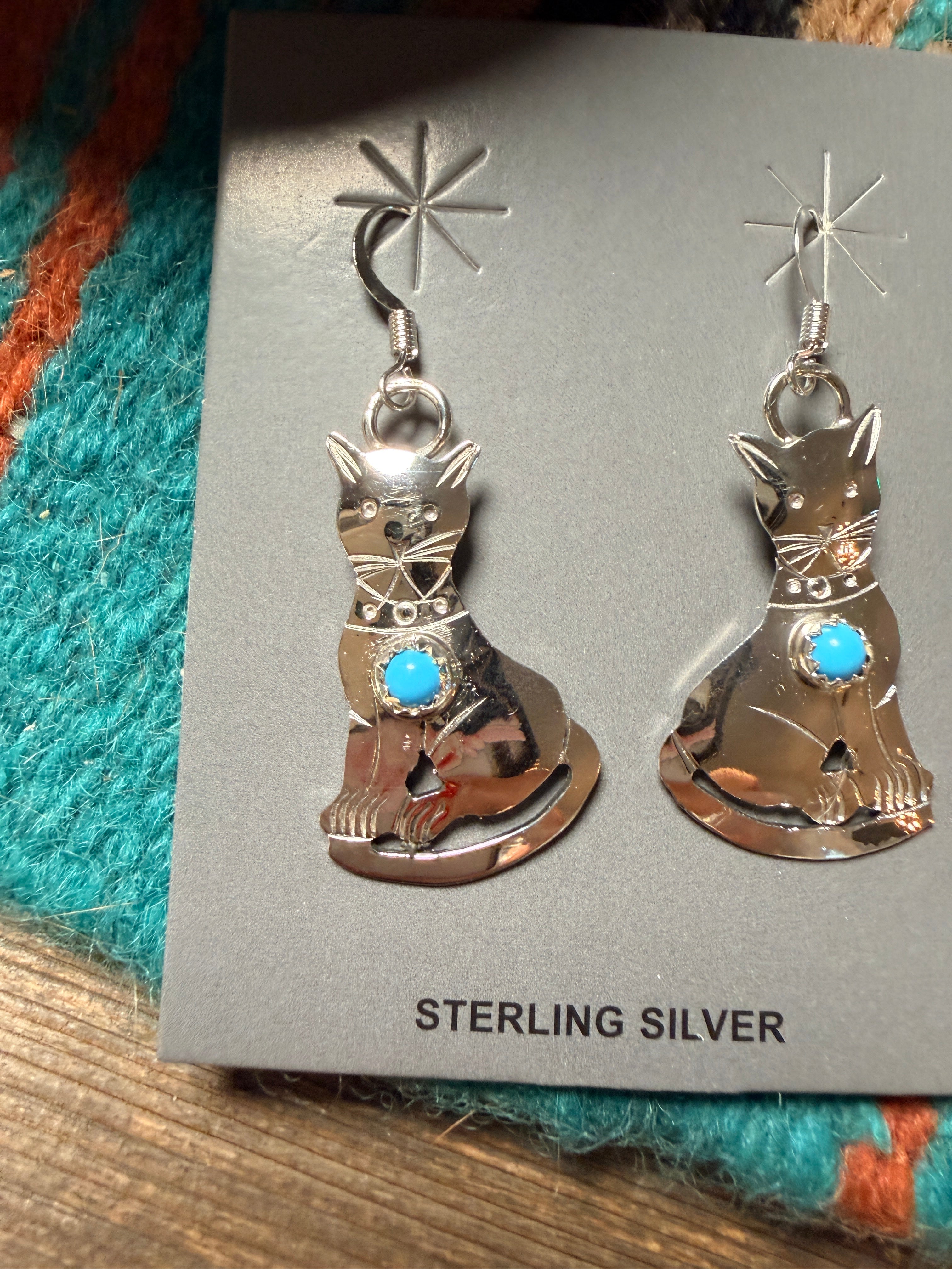 Handcrafted Turquoise & Sterling Silver Cat Dangle Earrings Signed