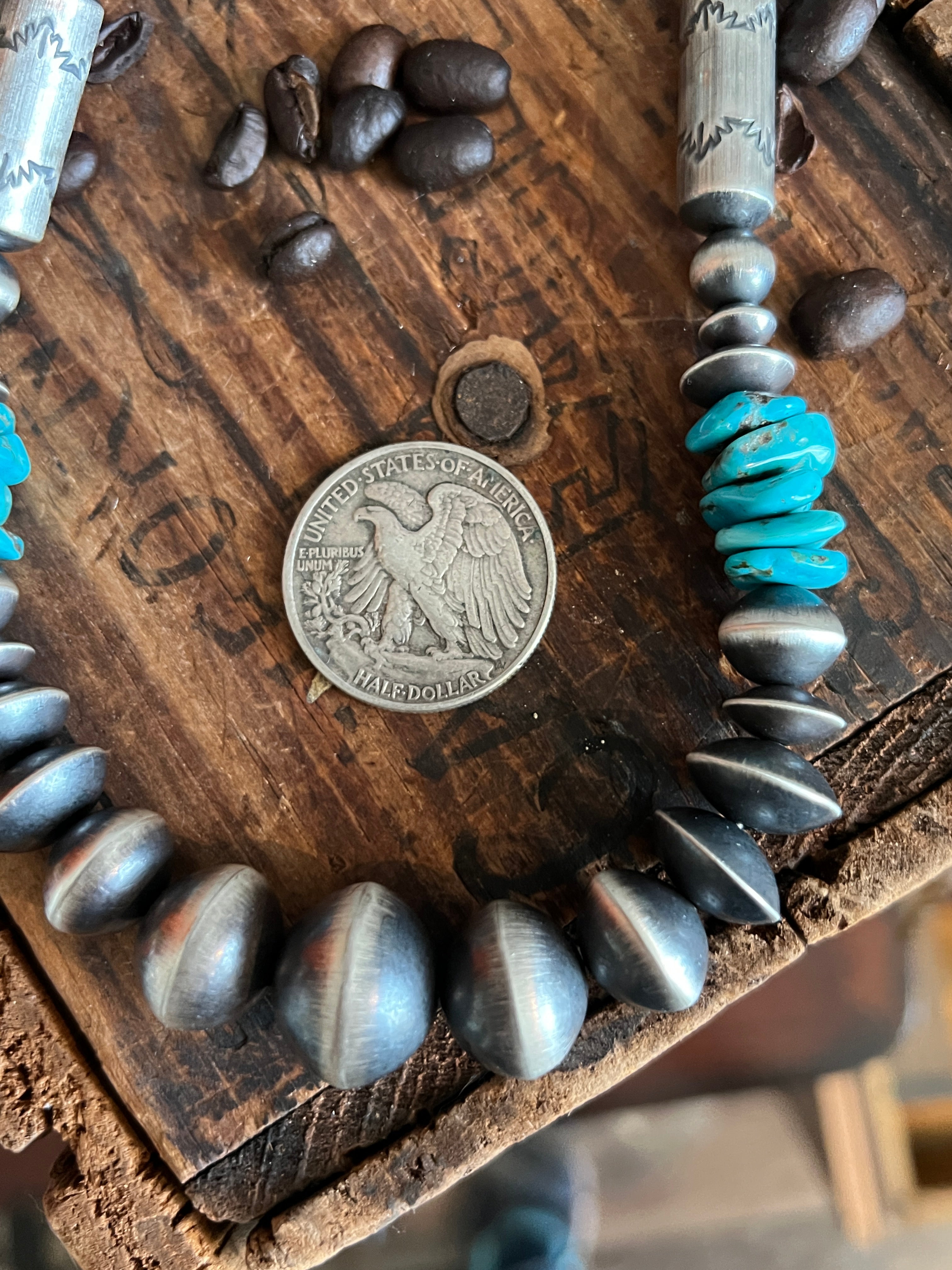 Handcrafted Sterling Silver and Kingman Turquoise Beaded Necklace by Rose Martin, 20 + 1-1/2 inches