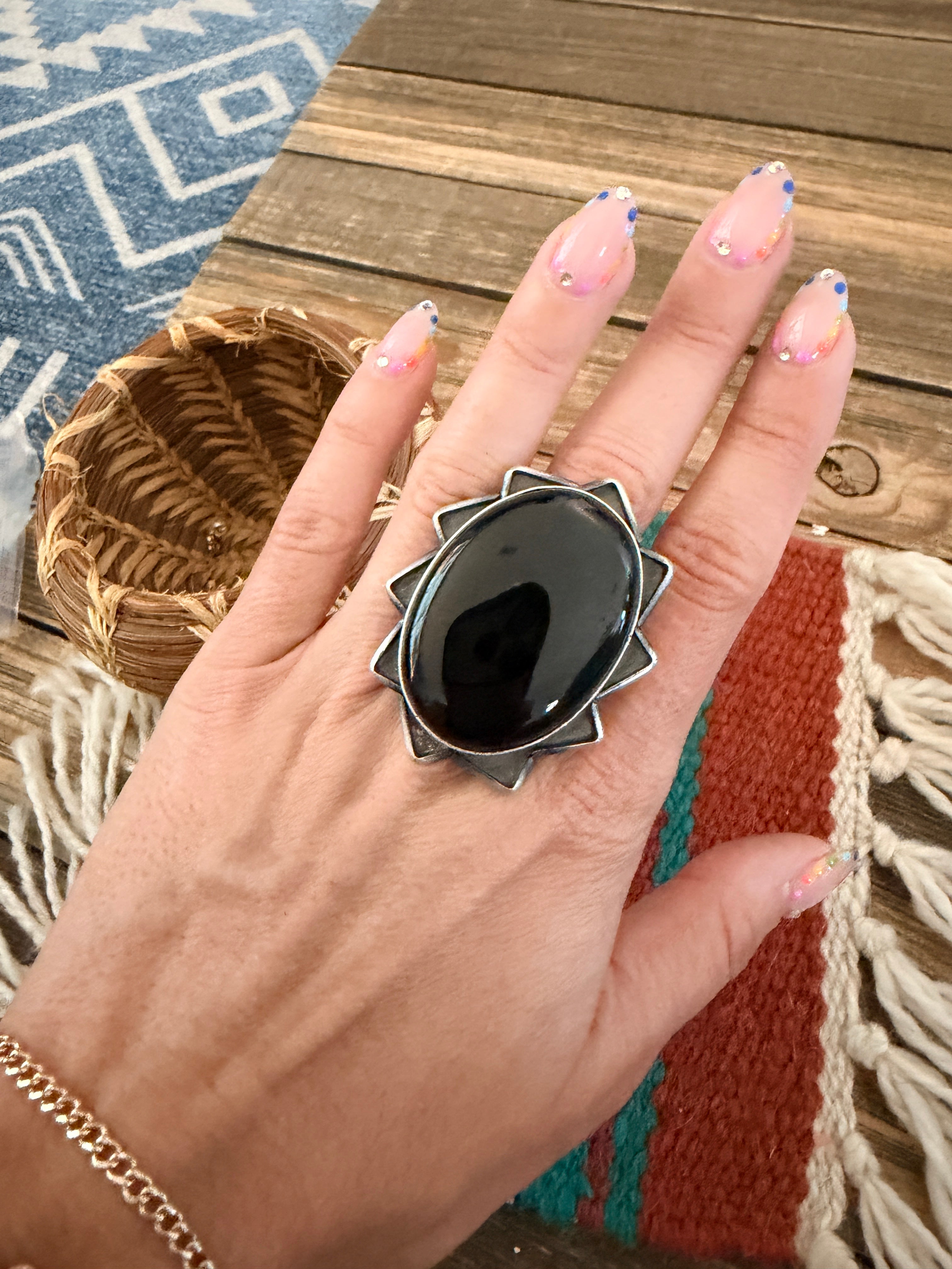Handcrafted Black Onyx & Sterling Silver Ring Size 9