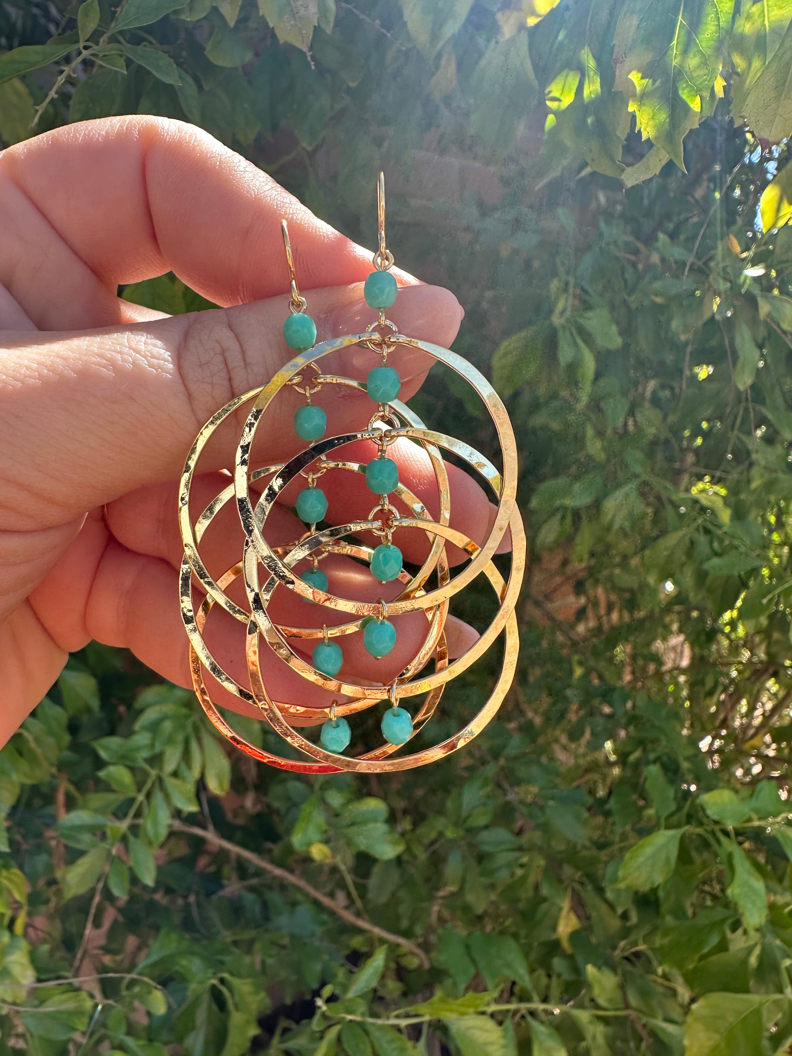 “The Golden Collection” Groovy Hoops Handmade Turquoise Beaded & 14k Gold Plated Earrings