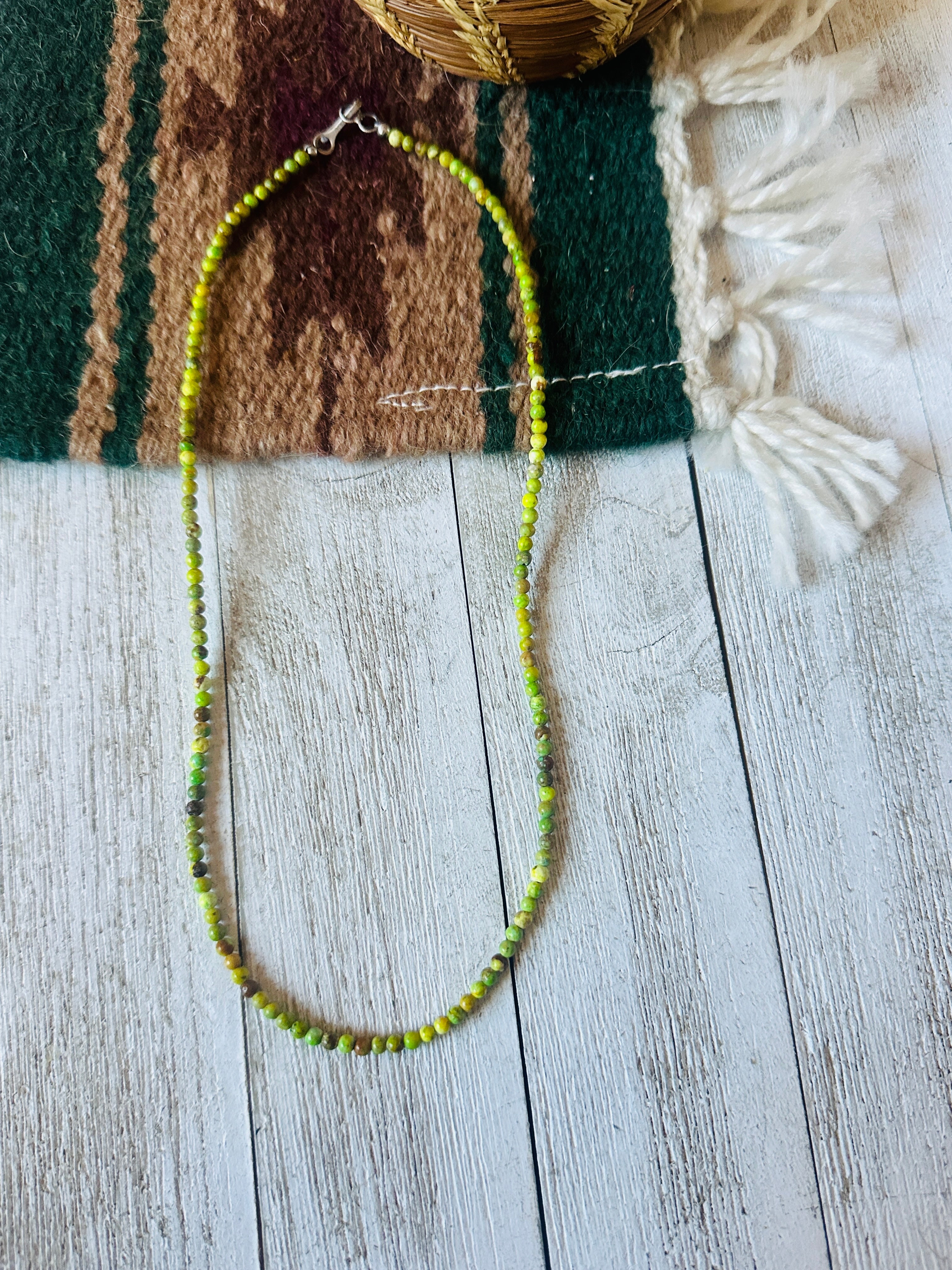 Navajo Green Turquoise & Sterling Silver 18” Beaded Necklace