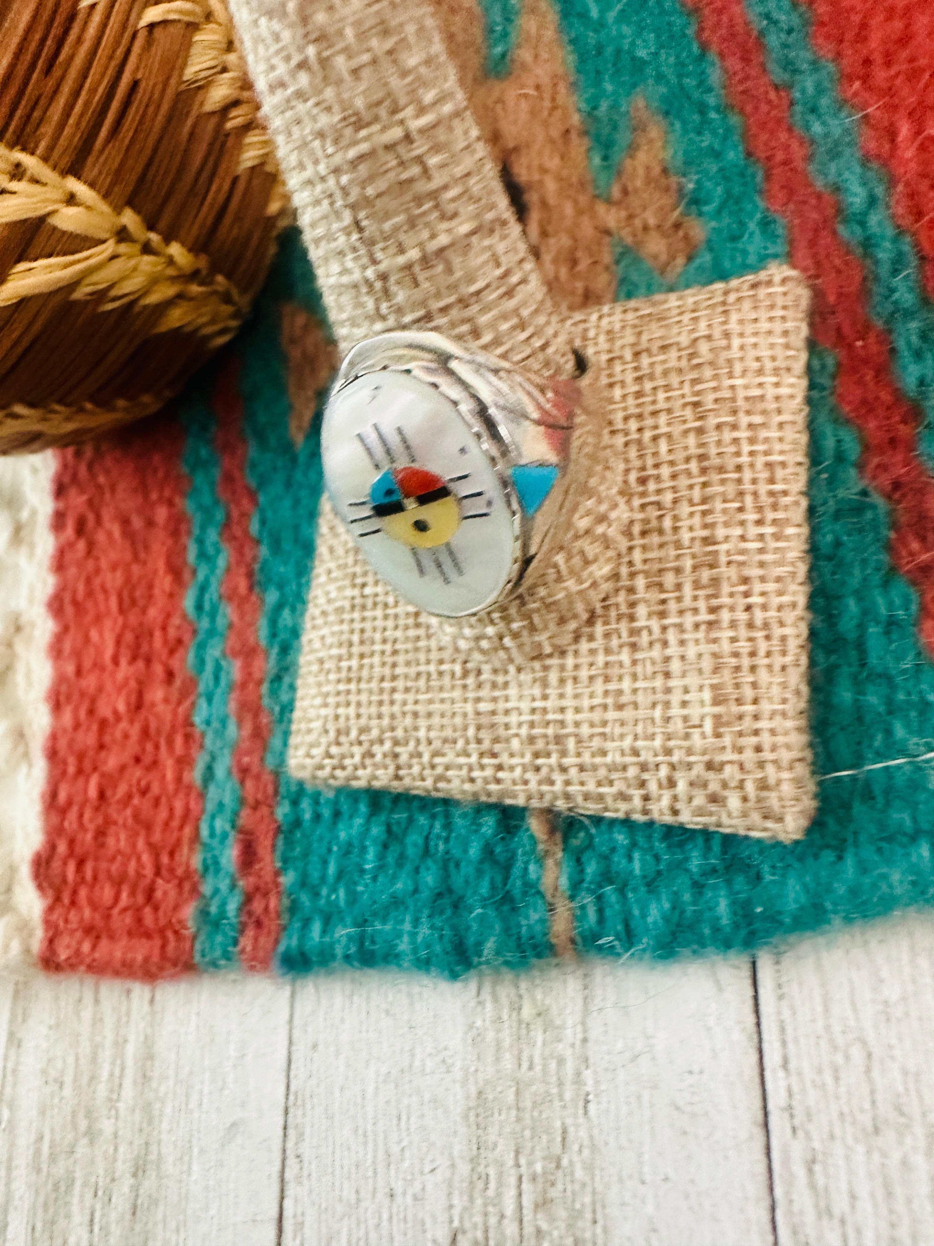 Handcrafted Old Pawn Sterling Silver & Multi Stone Inlay Sun Face Ring Size 11