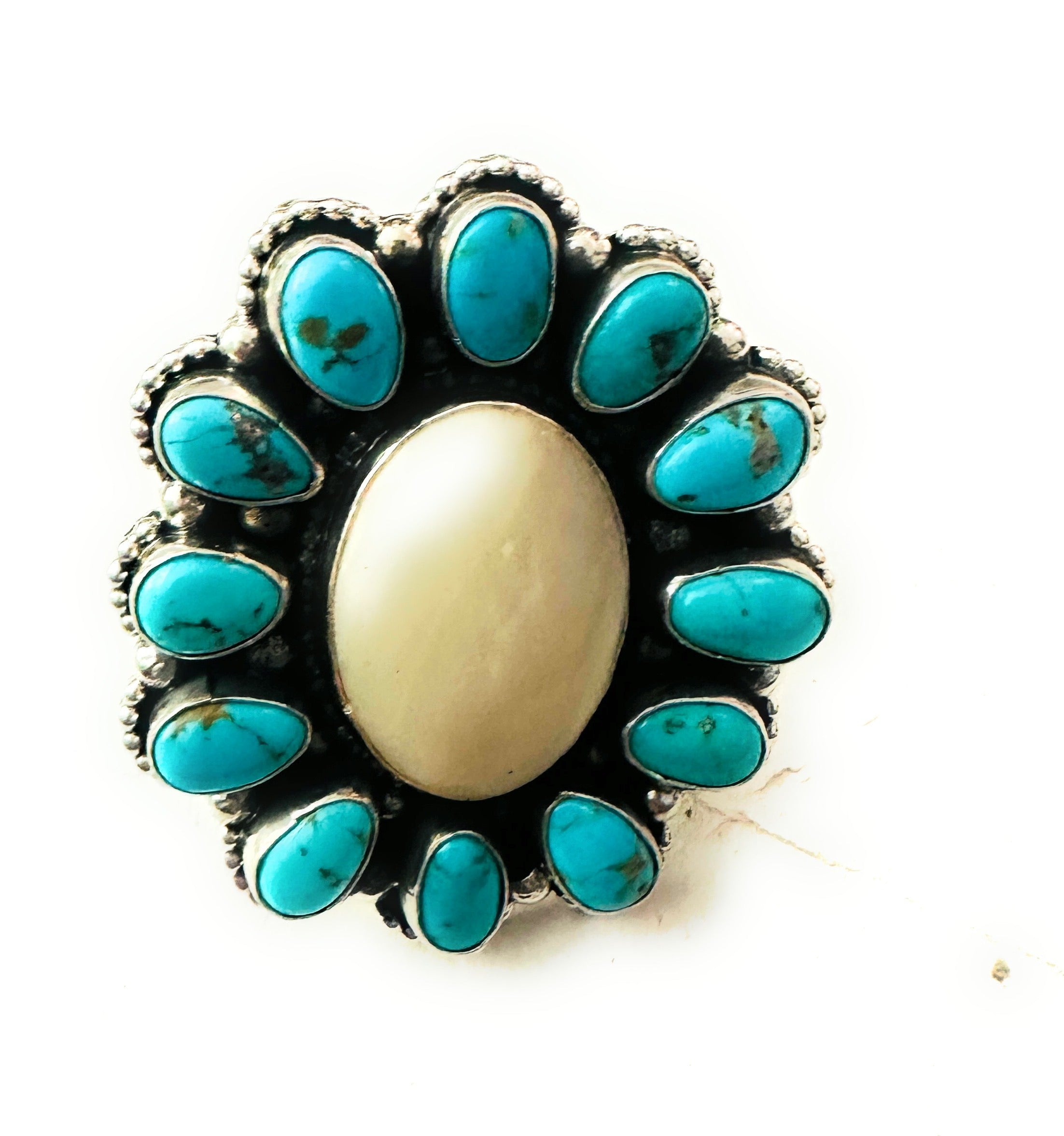 Navajo Sterling Silver, Turquoise & Mother of Pearl Cluster Adjustable Ring