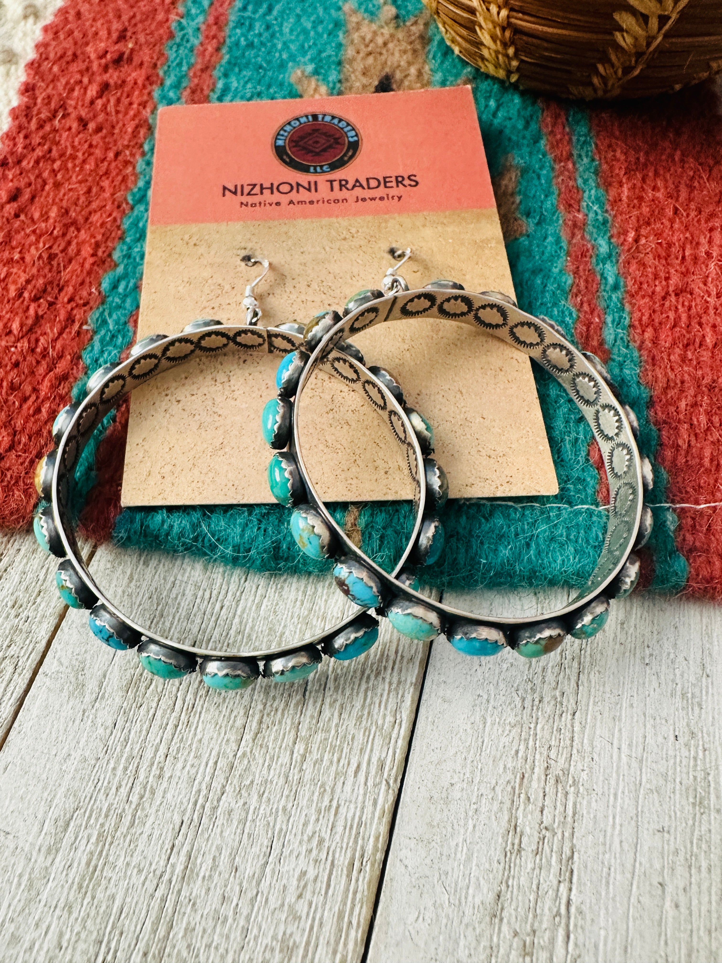 Navajo Turquoise & Sterling Silver Dangle Hoop Earrings by Lerry James