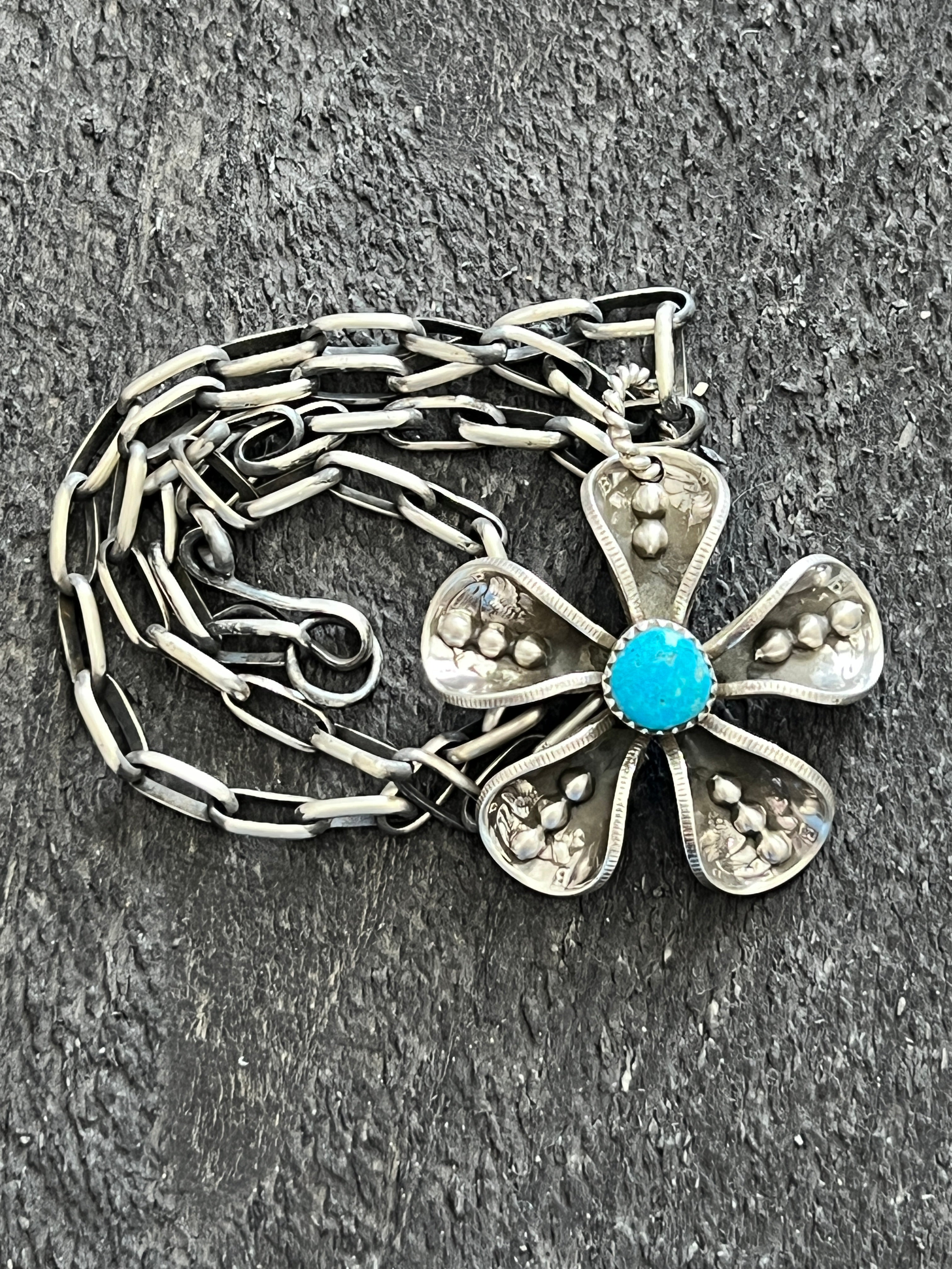 Handcrafted Sterling and Coin Silver Mercury Dime Flower Pendant with Turquoise on Handmade Chain by James Begay