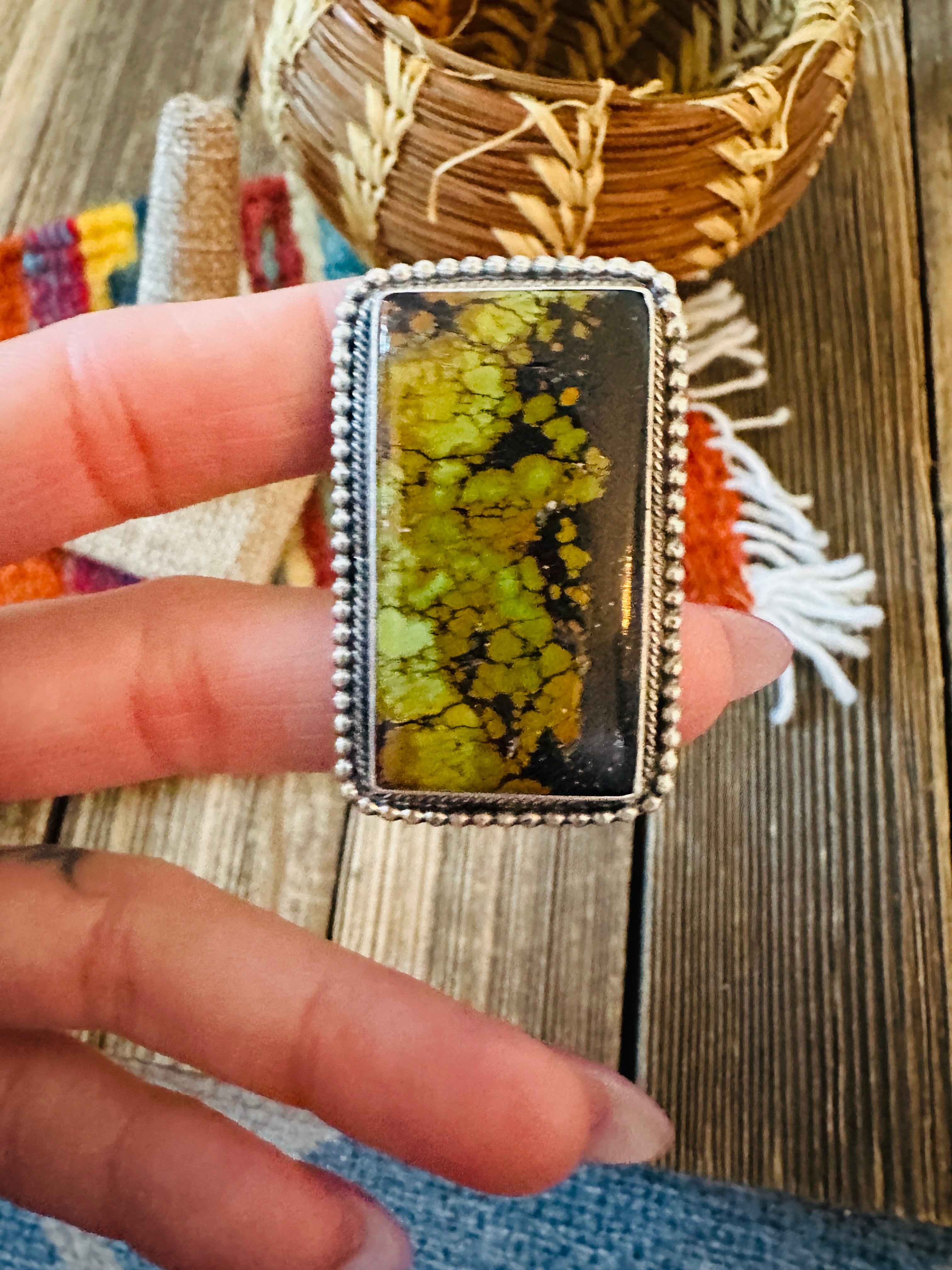 Handcrafted Blackjack Turquoise & Sterling Silver Ring Size 9.75