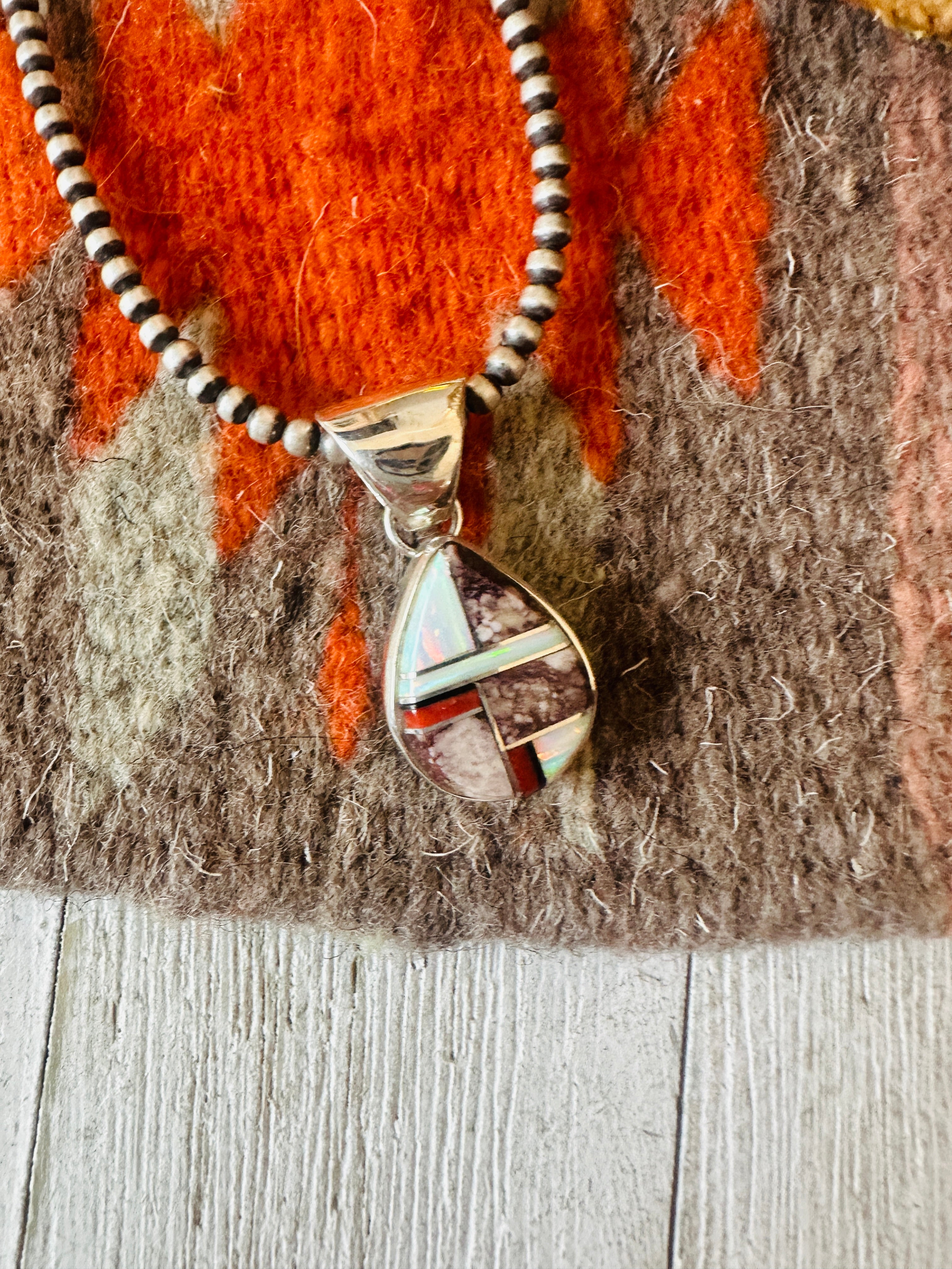 Navajo Multi Stone & Sterling Silver Inlay Teardrop Pendant