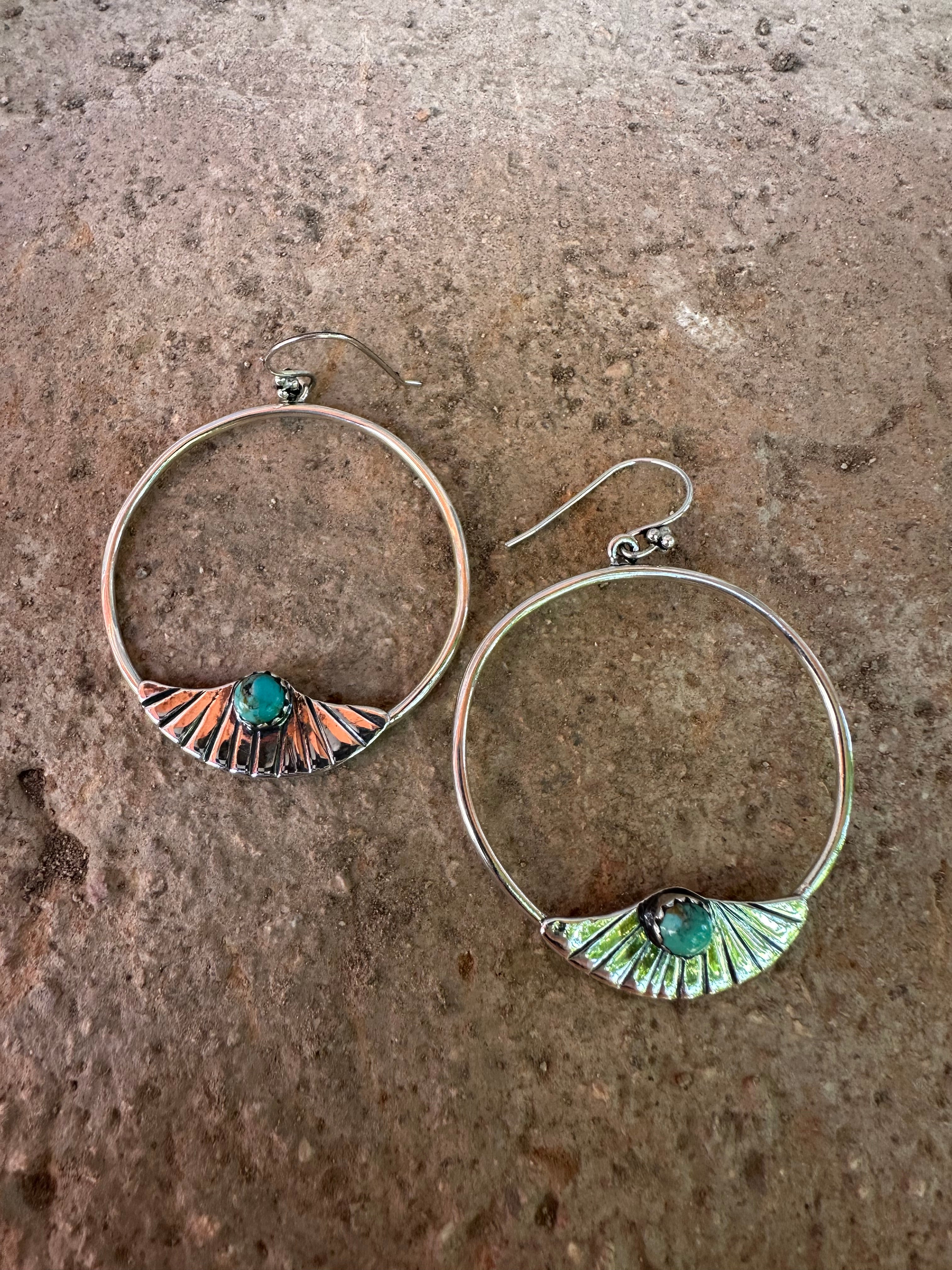 Handmade Turquoise & Sterling Silver Hoop Earrings Signed Nizhoni