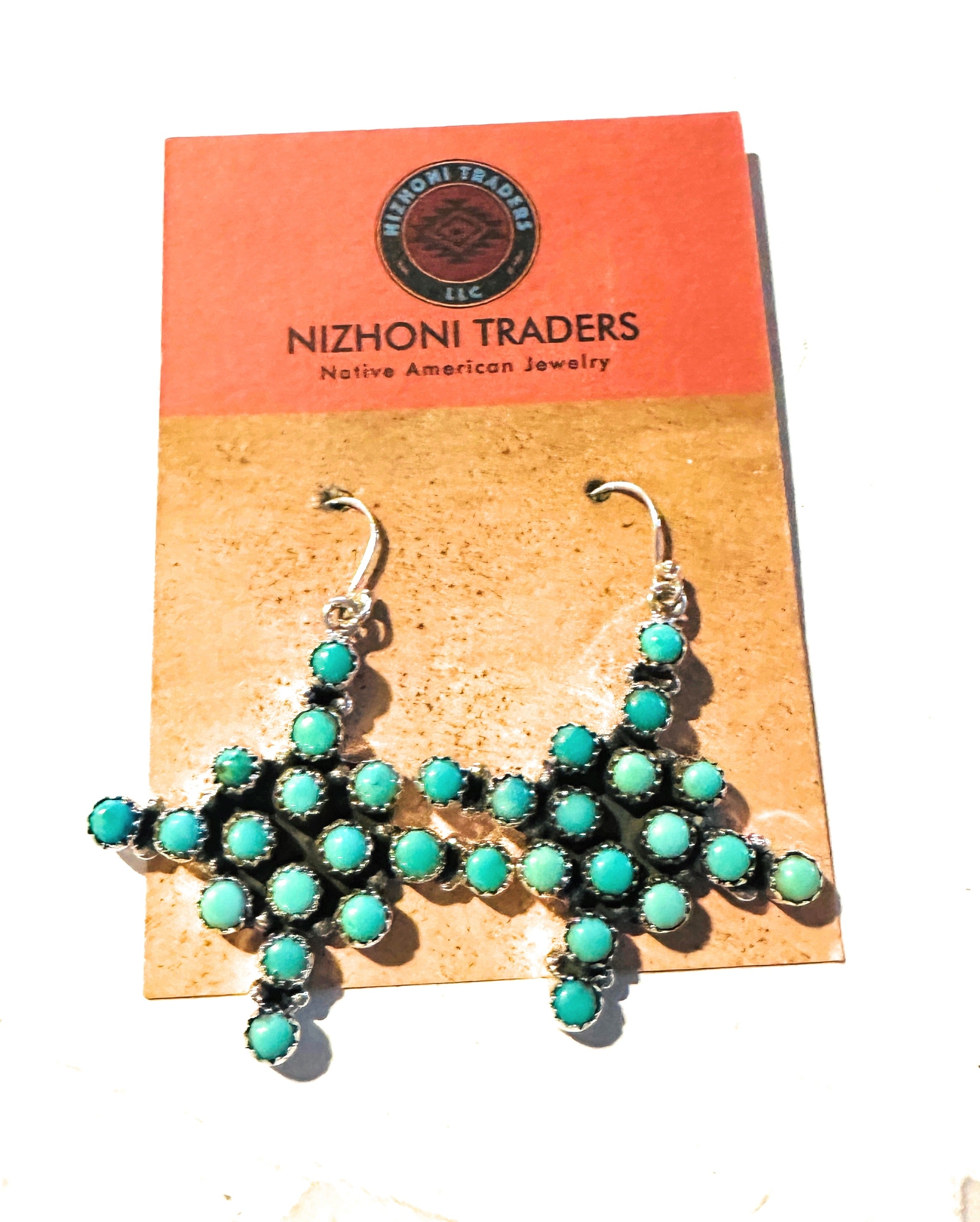 Handmade Turquoise & Sterling Silver Cross Wire Dangle Earrings Signed Nizhoni