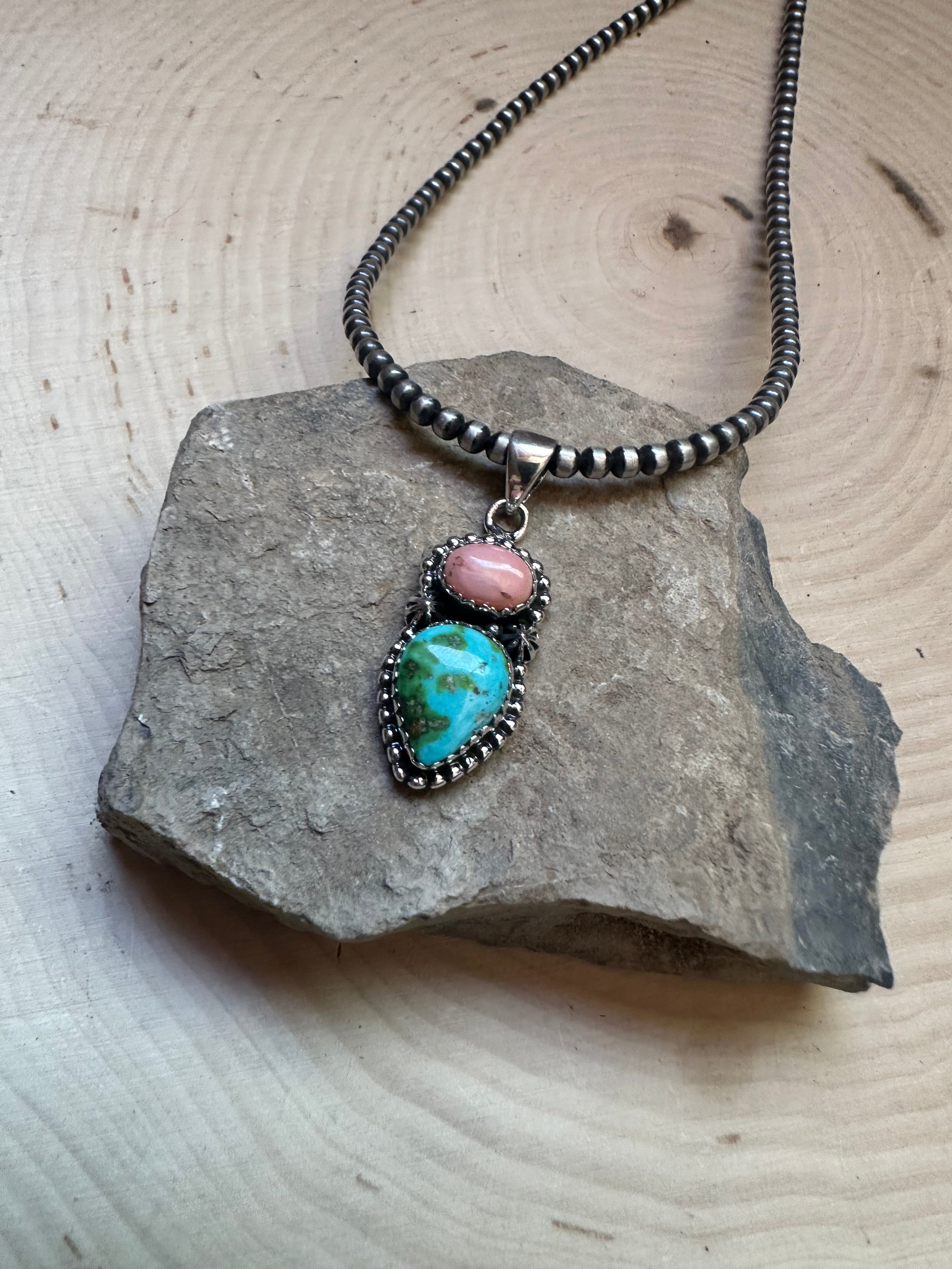 Handmade Pink Conch, Sonoran Turquoise & Sterling Silver 2 Stone Pendant Signed Nizhoni