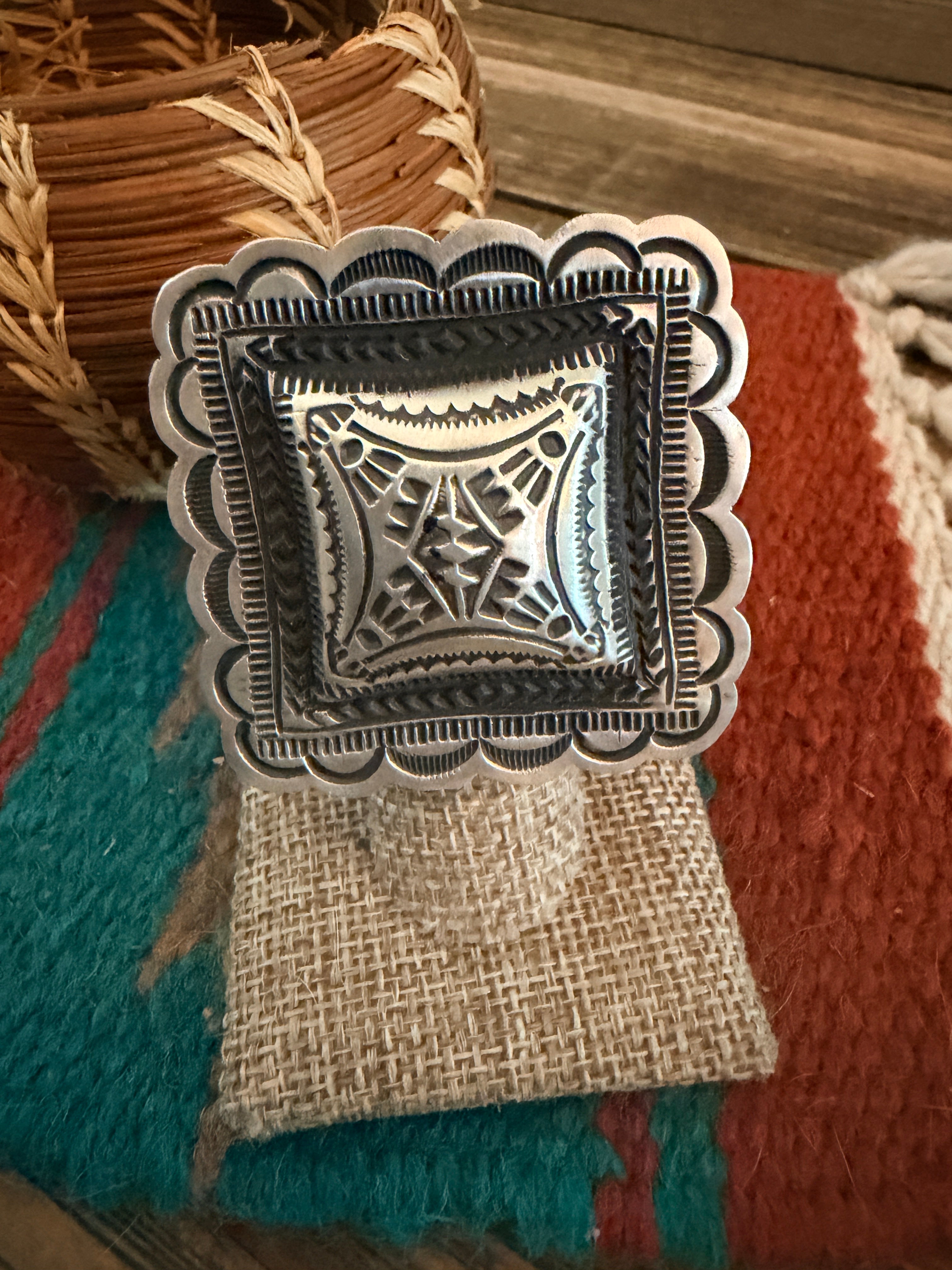 Handcrafted Sterling Silver Adjustable Concho Ring by Leander Tahe