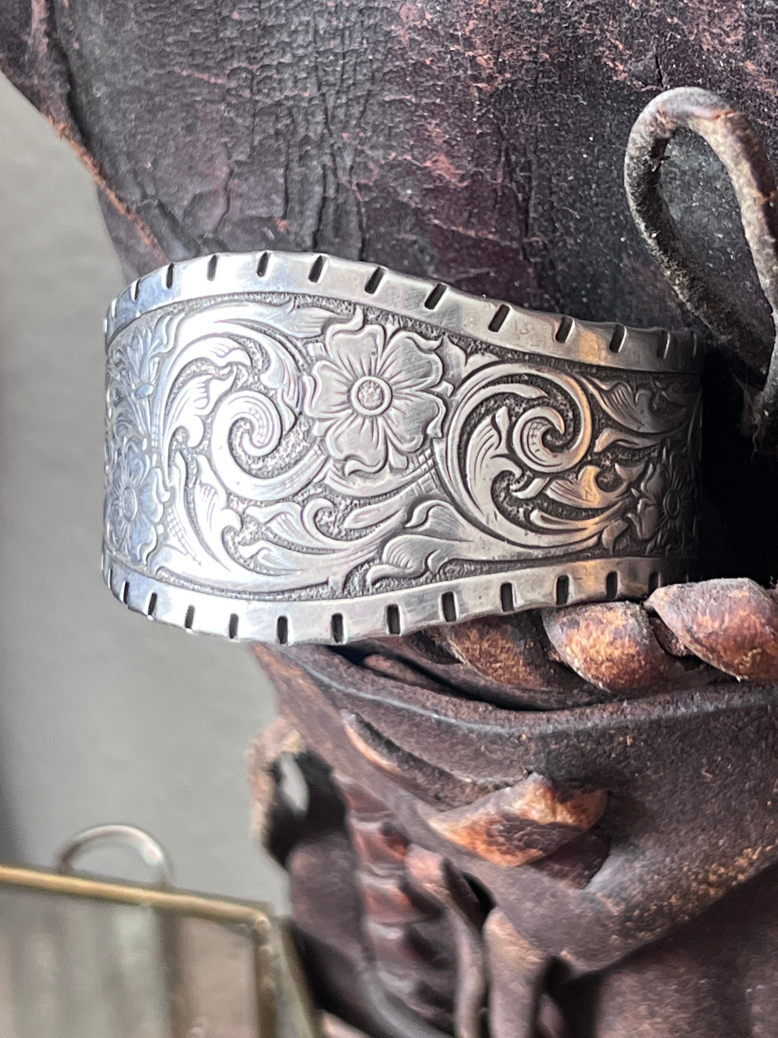 Old Pawn Tooled “Don’t Fence Me In” Sterling Silver Cuff Bracelet by Kit Carson