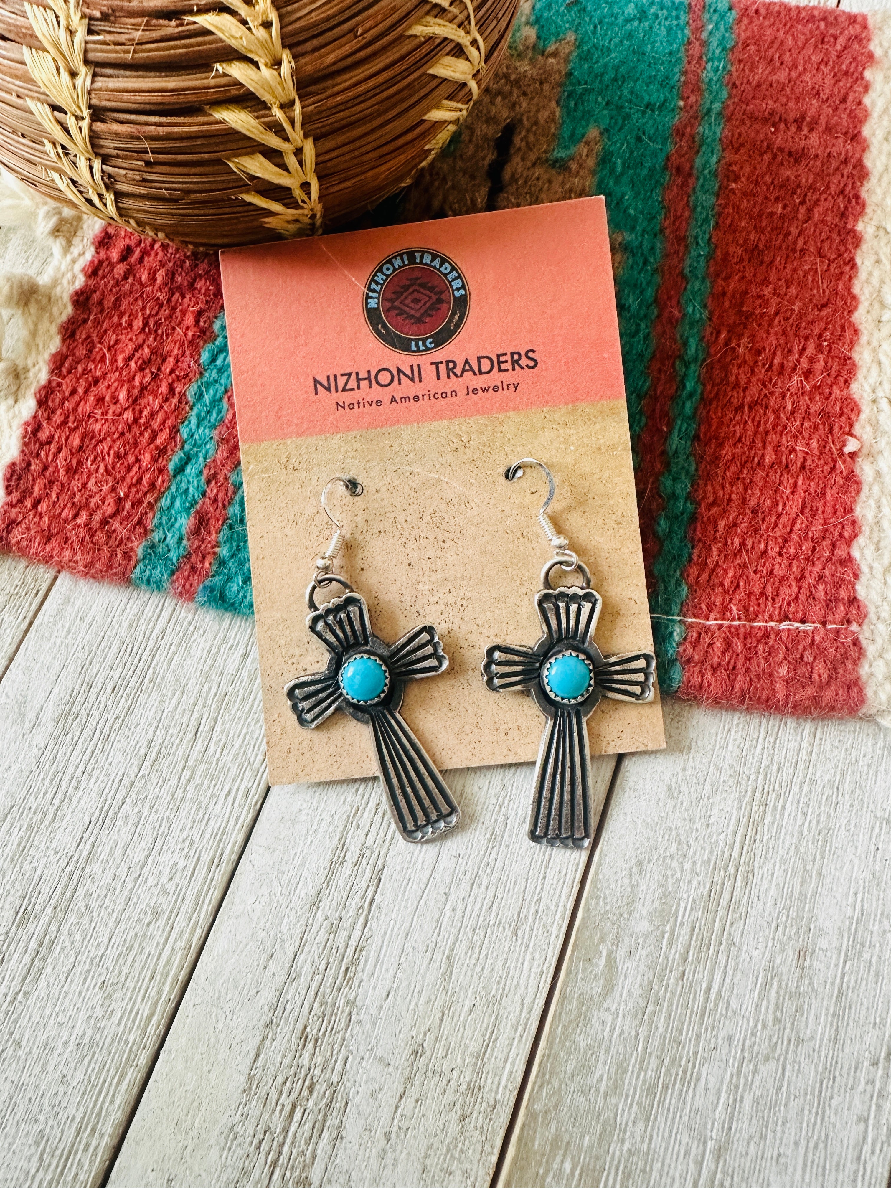 Navajo Sterling Silver & Turquoise Cross Dangle Earrings