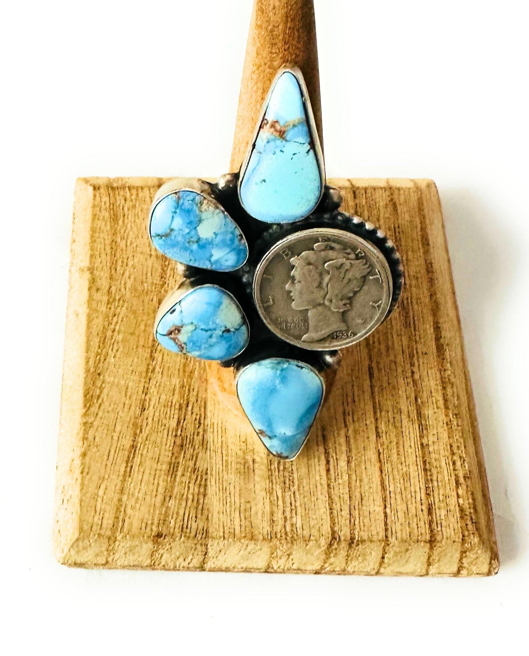 Navajo Golden Hills Turquoise & Sterling Silver Liberty Dime Ring Size 7.5