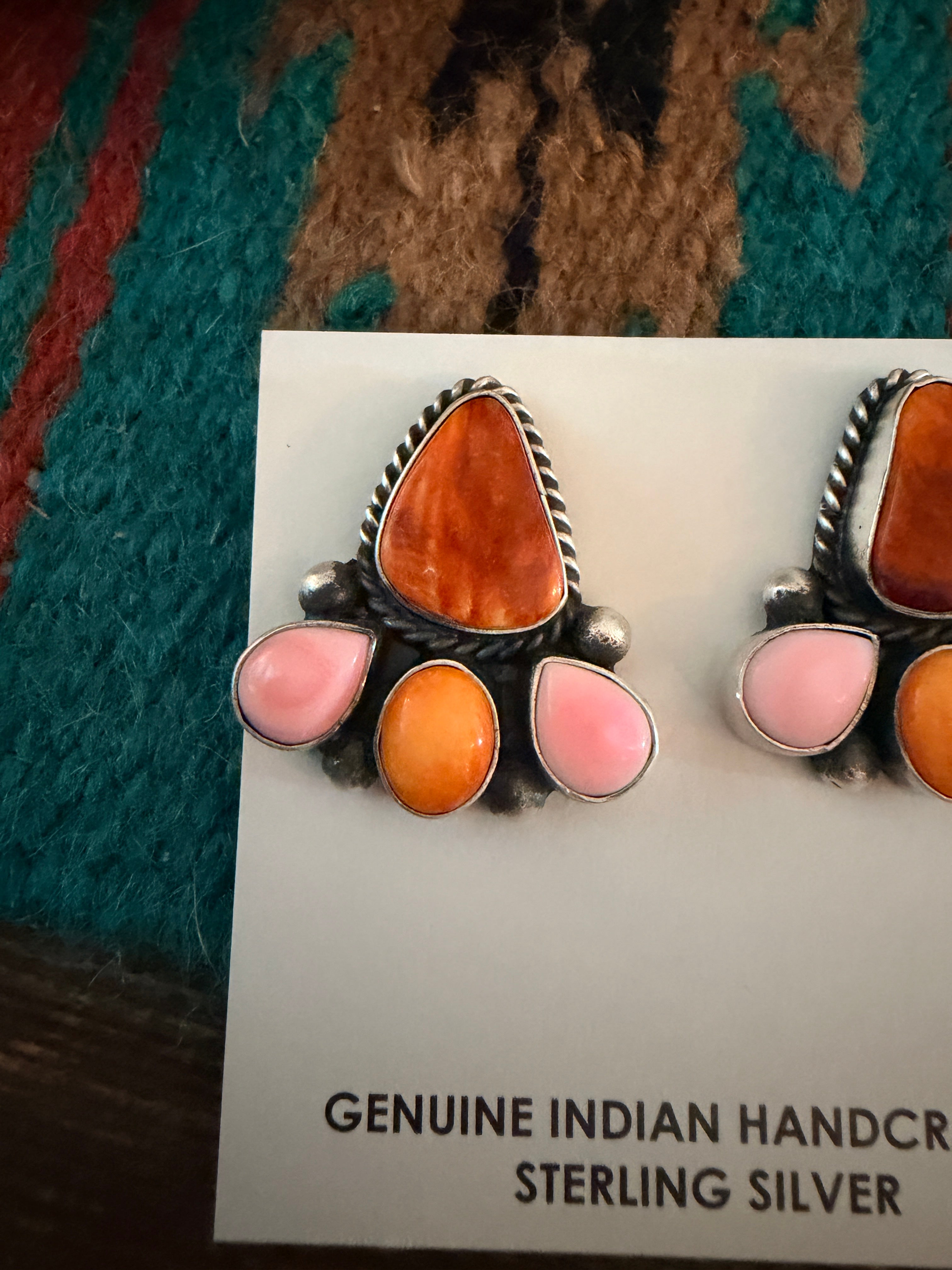 Handcrafted Spiny Oyster, Queen Pink Conch & Sterling Silver Post Earrings by Hiram Largo