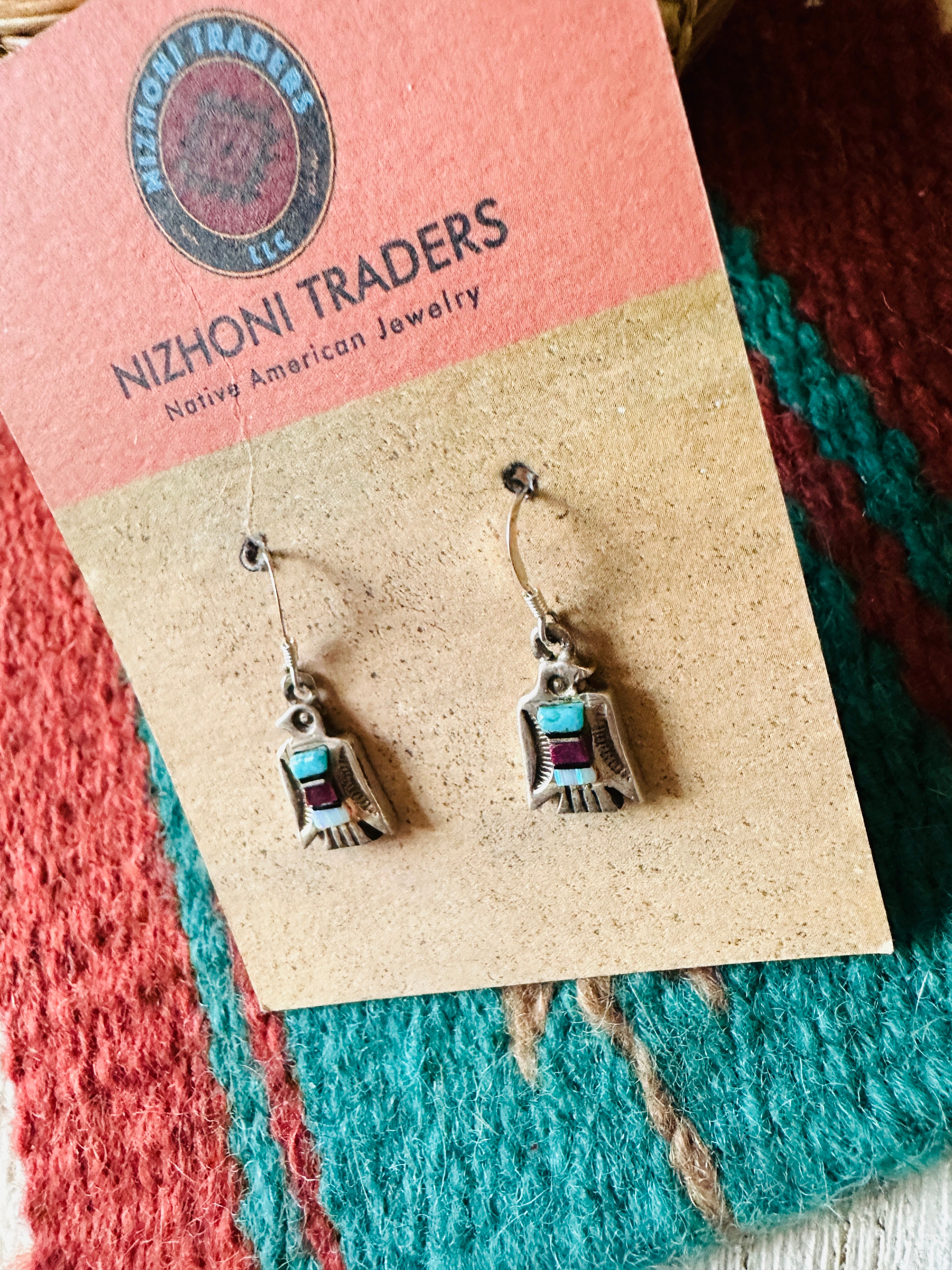 Navajo Sterling Silver & Multi Stone Thunderbird Dangle Earrings