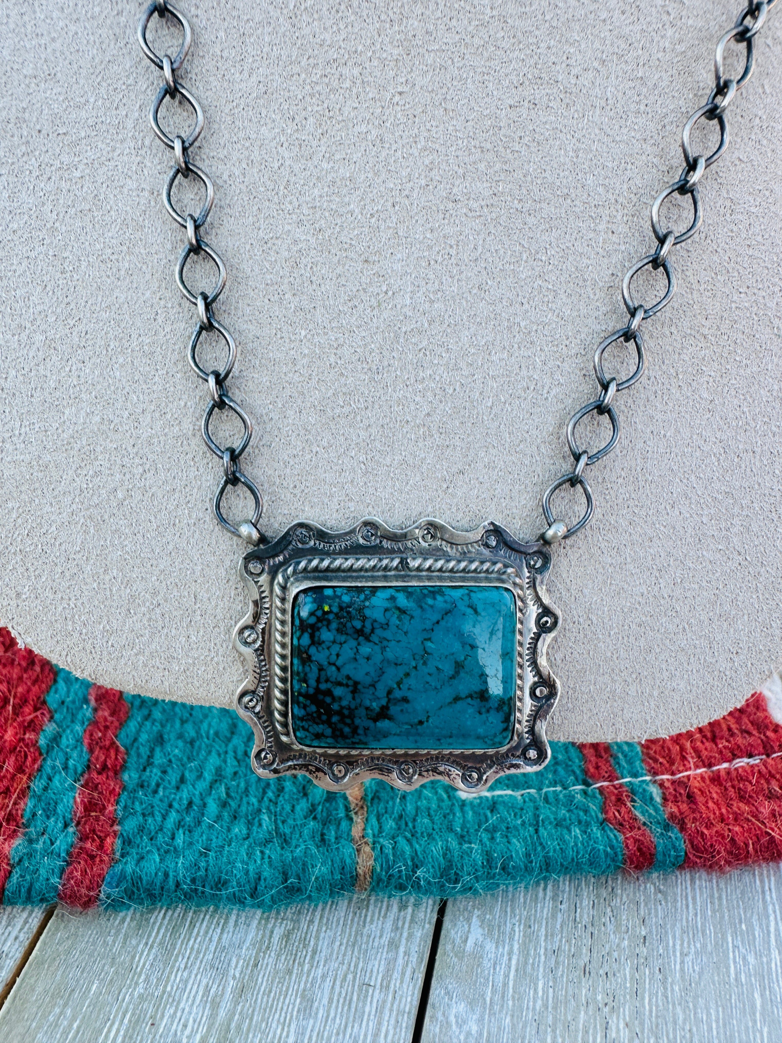 Handcrafted Sterling Silver 18” Link Chain & Turquoise Necklace