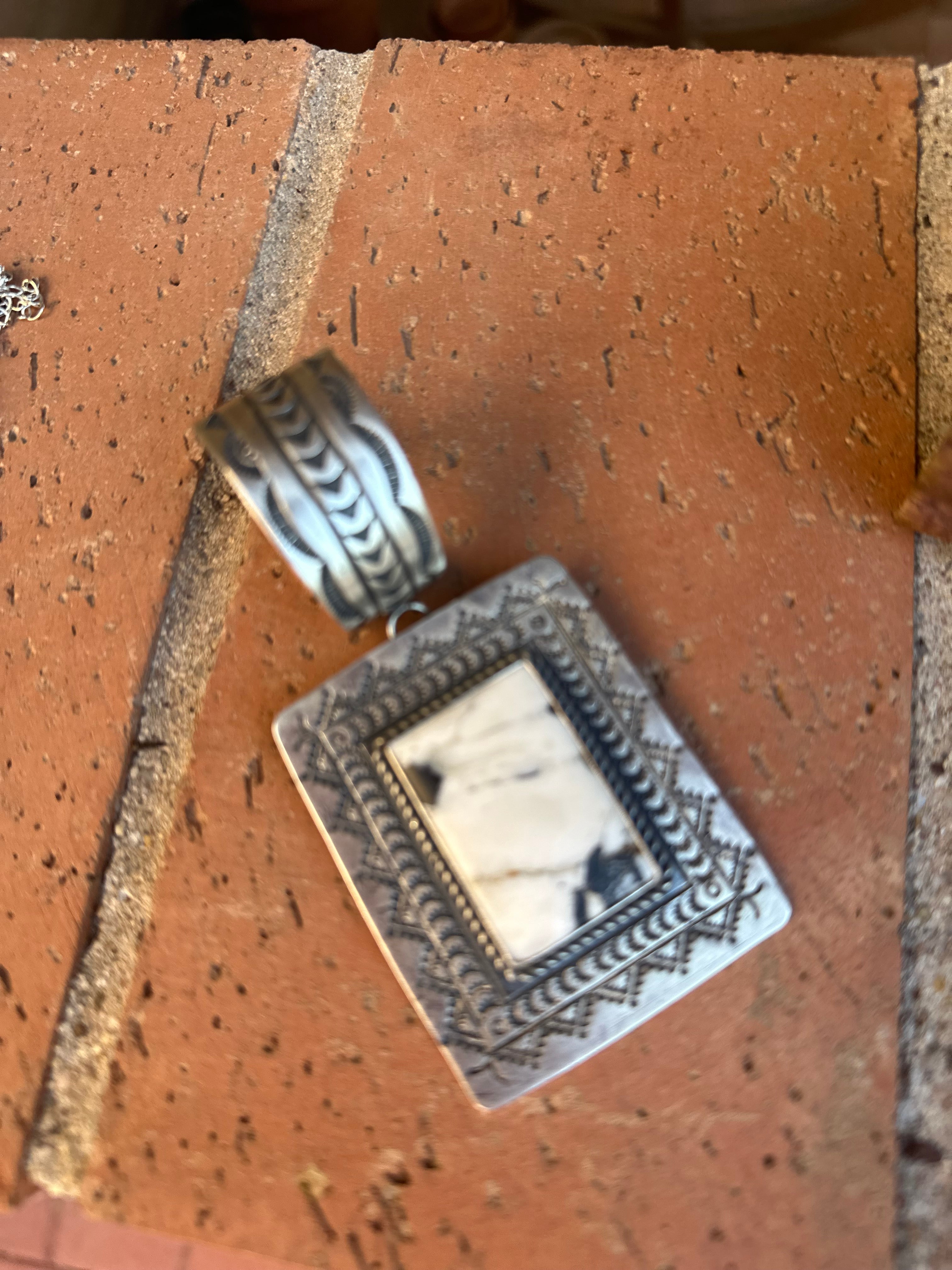 Navajo Hand Stamped Sterling Silver & White Buffalo Concho Pendant