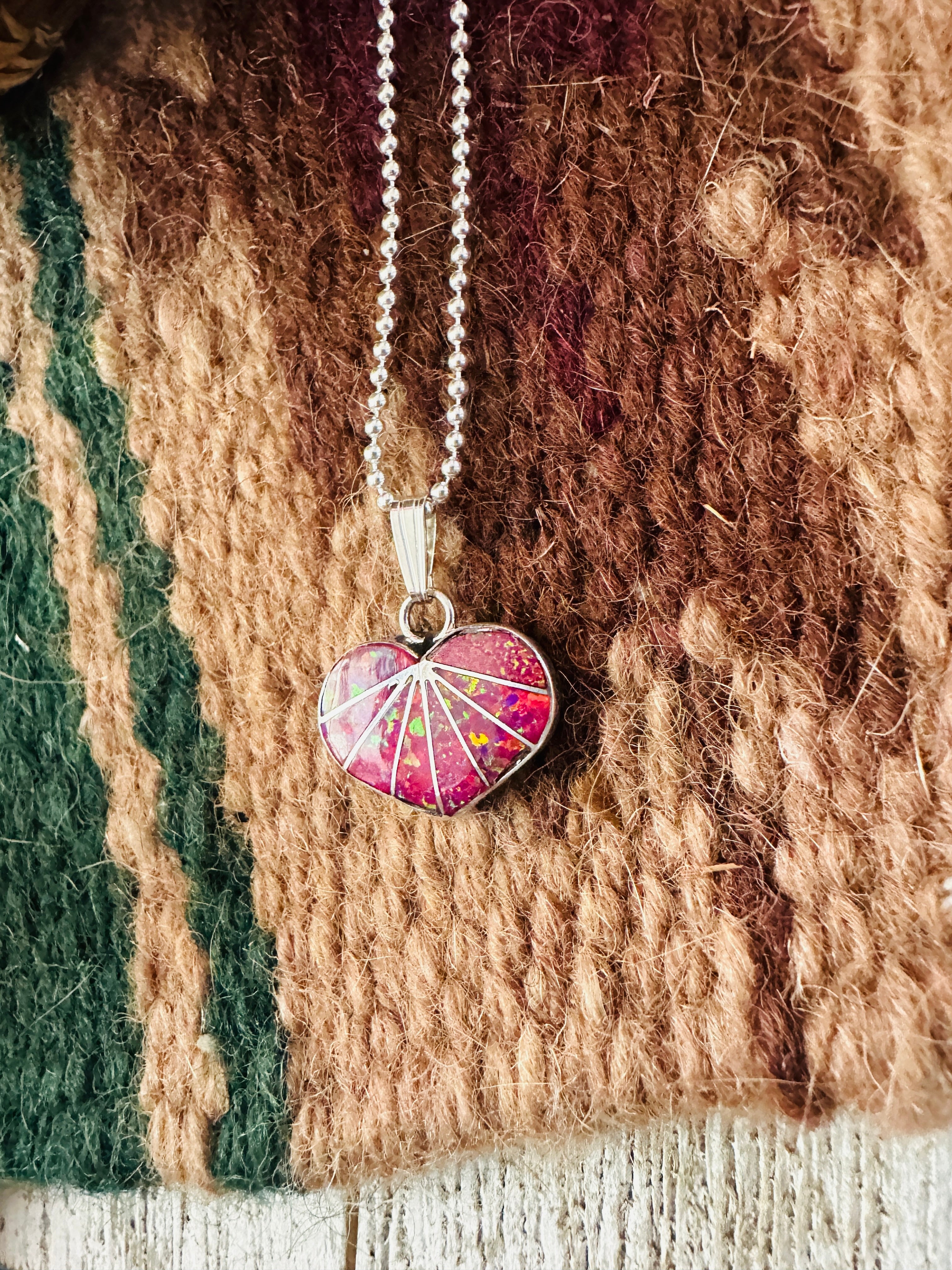 Handcrafted Hot Pink Opal & Sterling Silver Inlay Heart Pendant