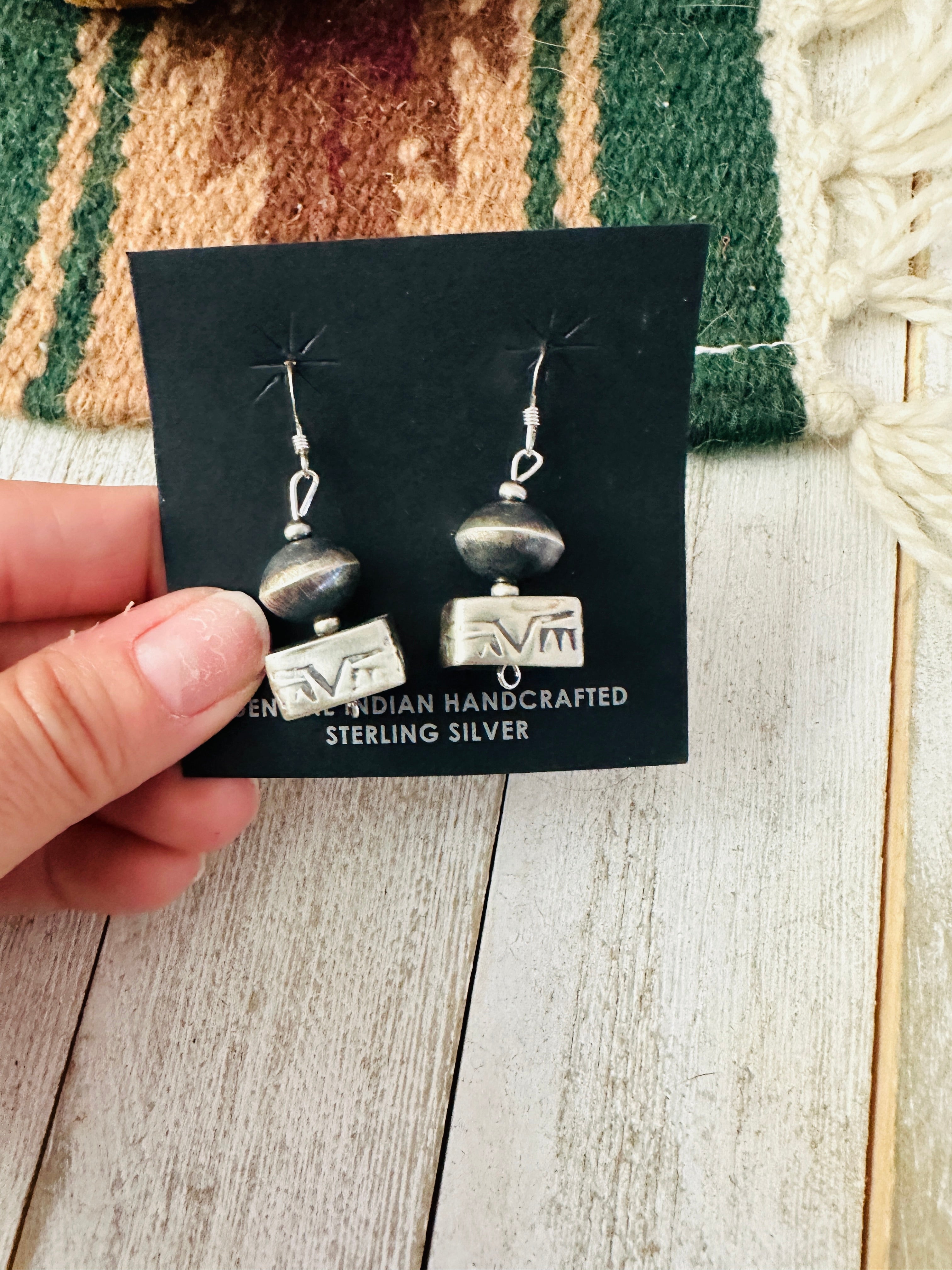 Navajo Hand Stamped Sterling Silver Beaded Dangle Earrings