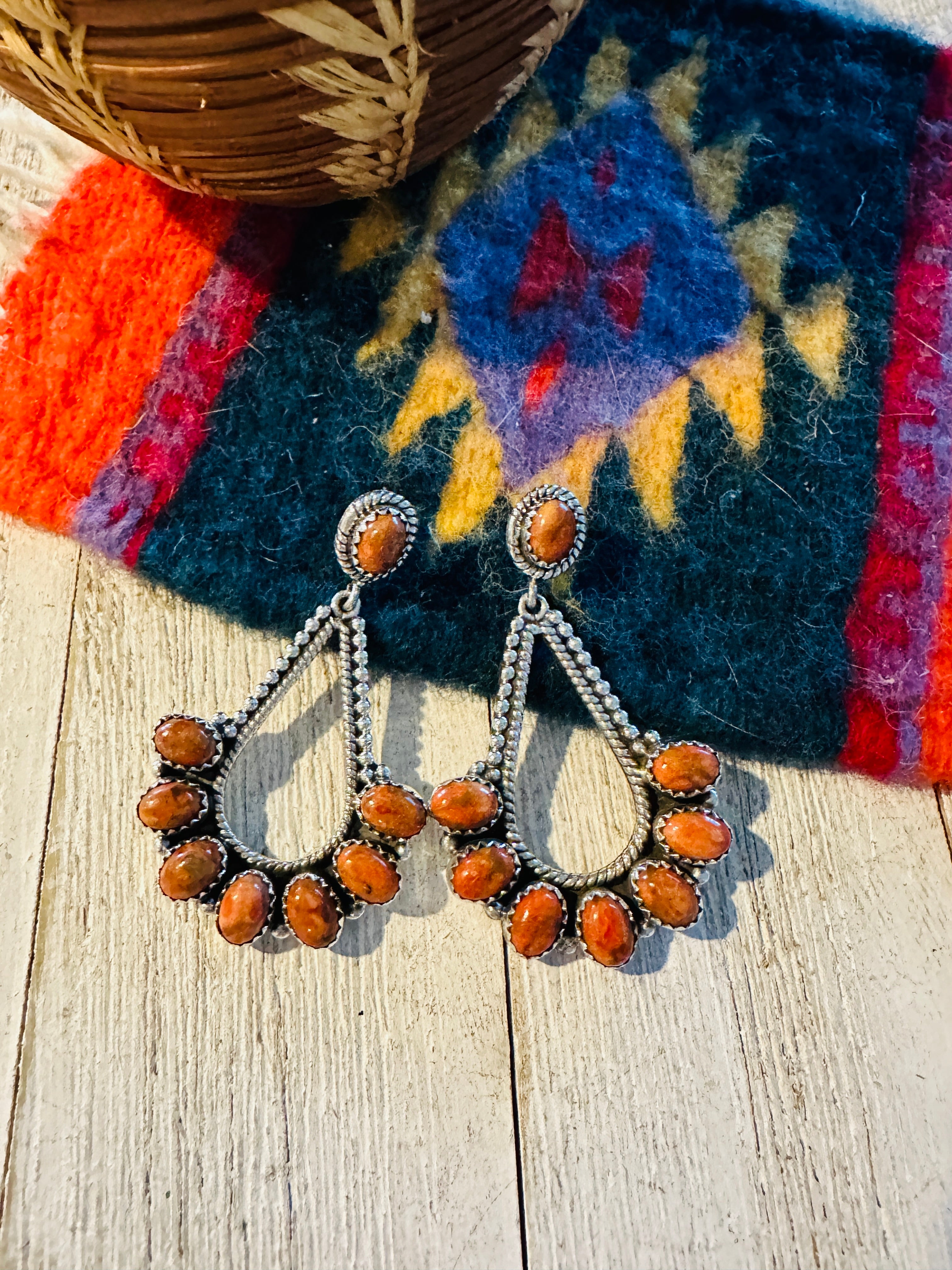 Handmade Orange Spiny & Sterling Silver Dangle Earrings Signed Nizhoni