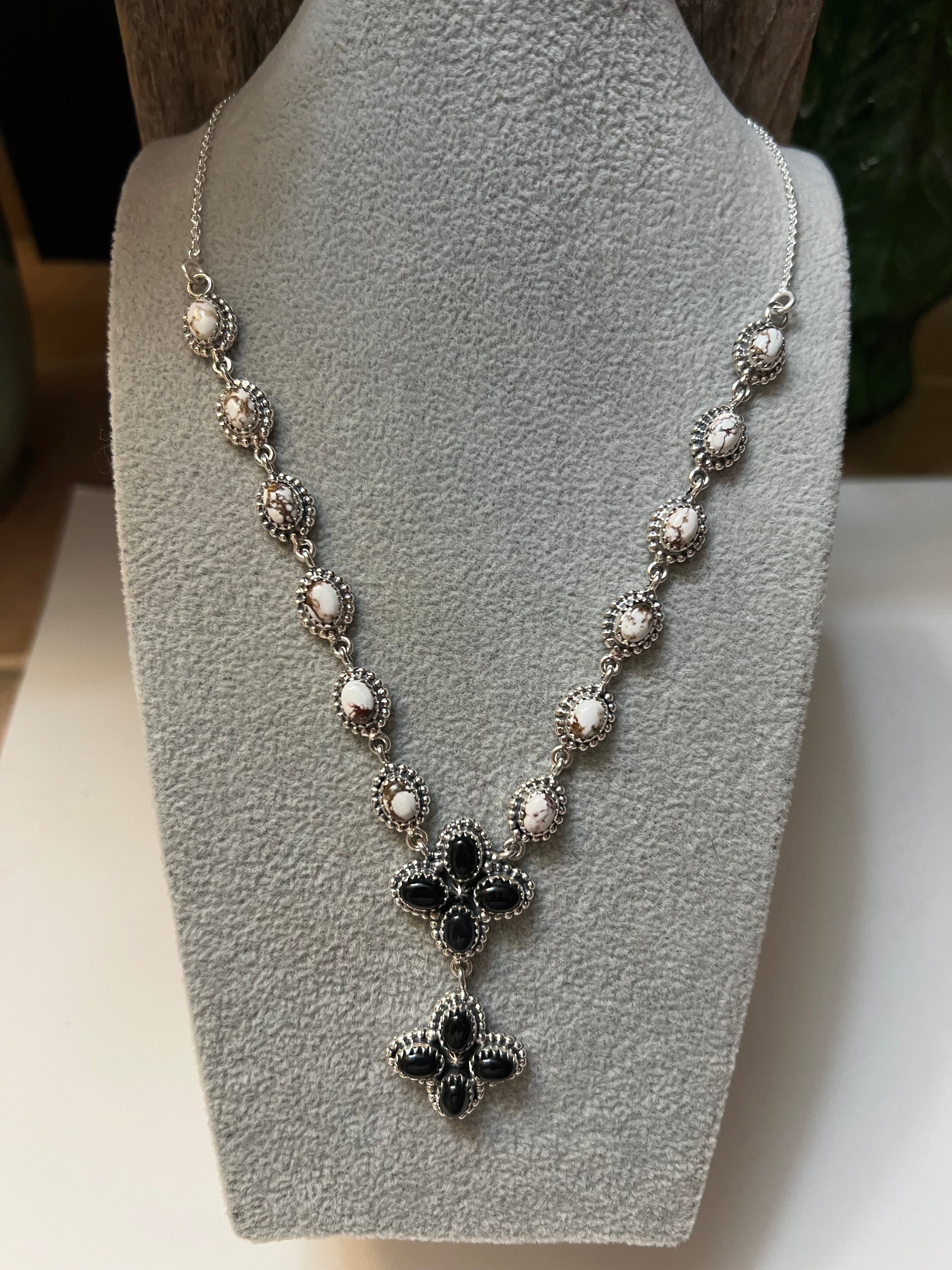 Handmade Sterling Silver, Wild Horse Gemstones & Black Onyx Lariat Necklace