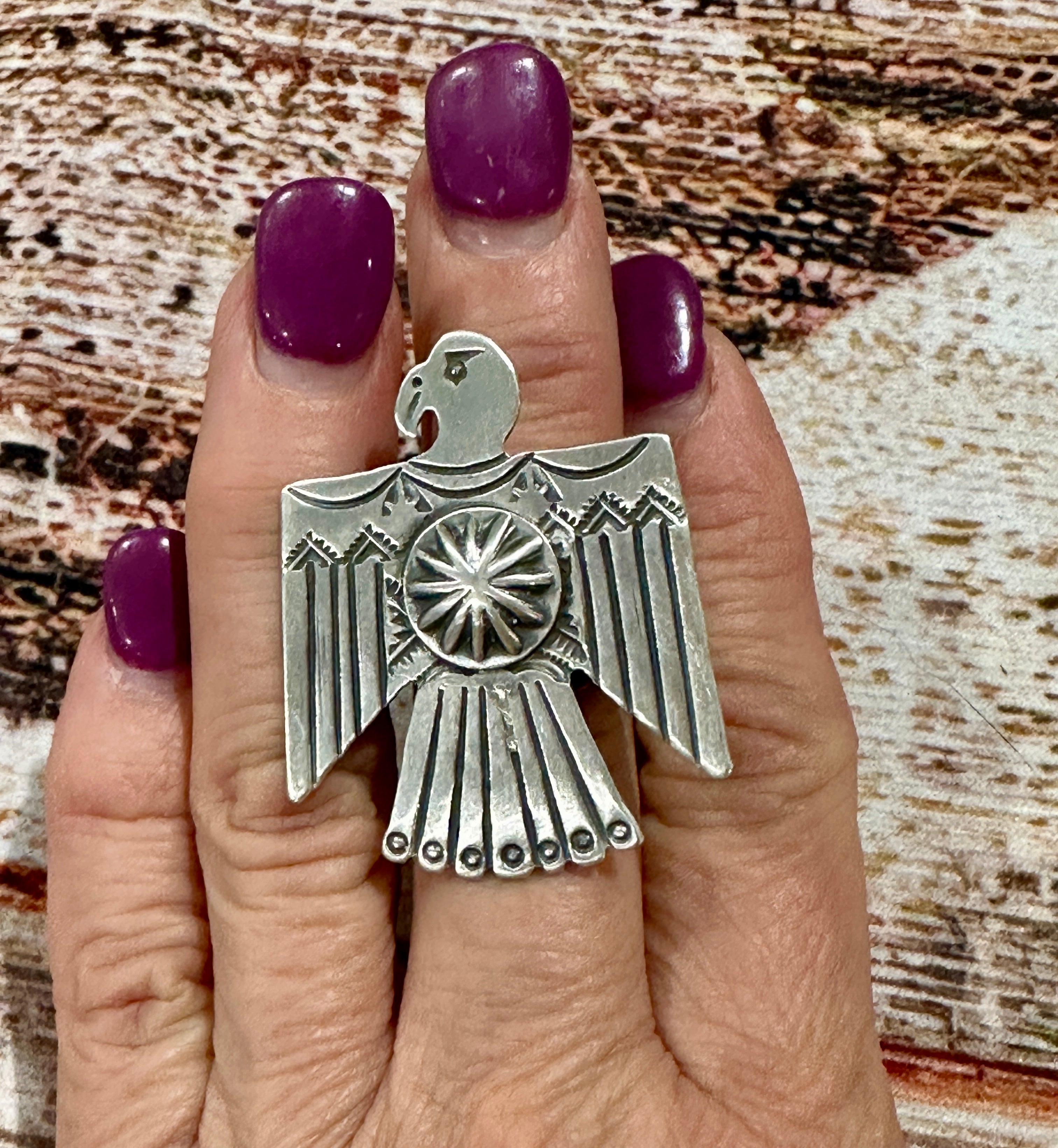 Handcrafted Hand Stamped Sterling Silver Thunderbird Adjustable Ring by Leroy James