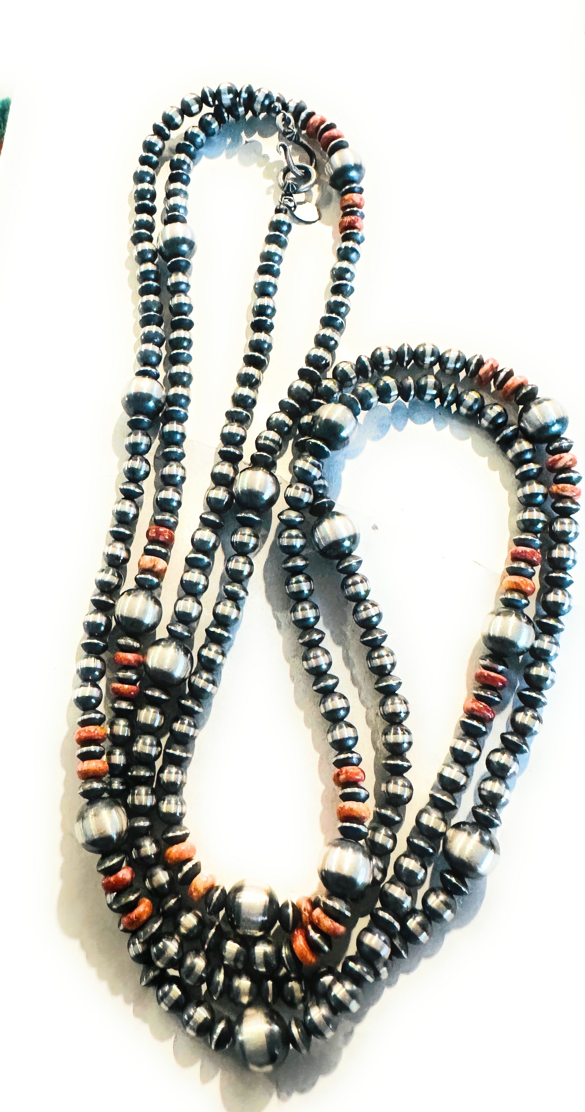 Navajo Orange Spiny & Sterling Silver Beaded Necklace 60”