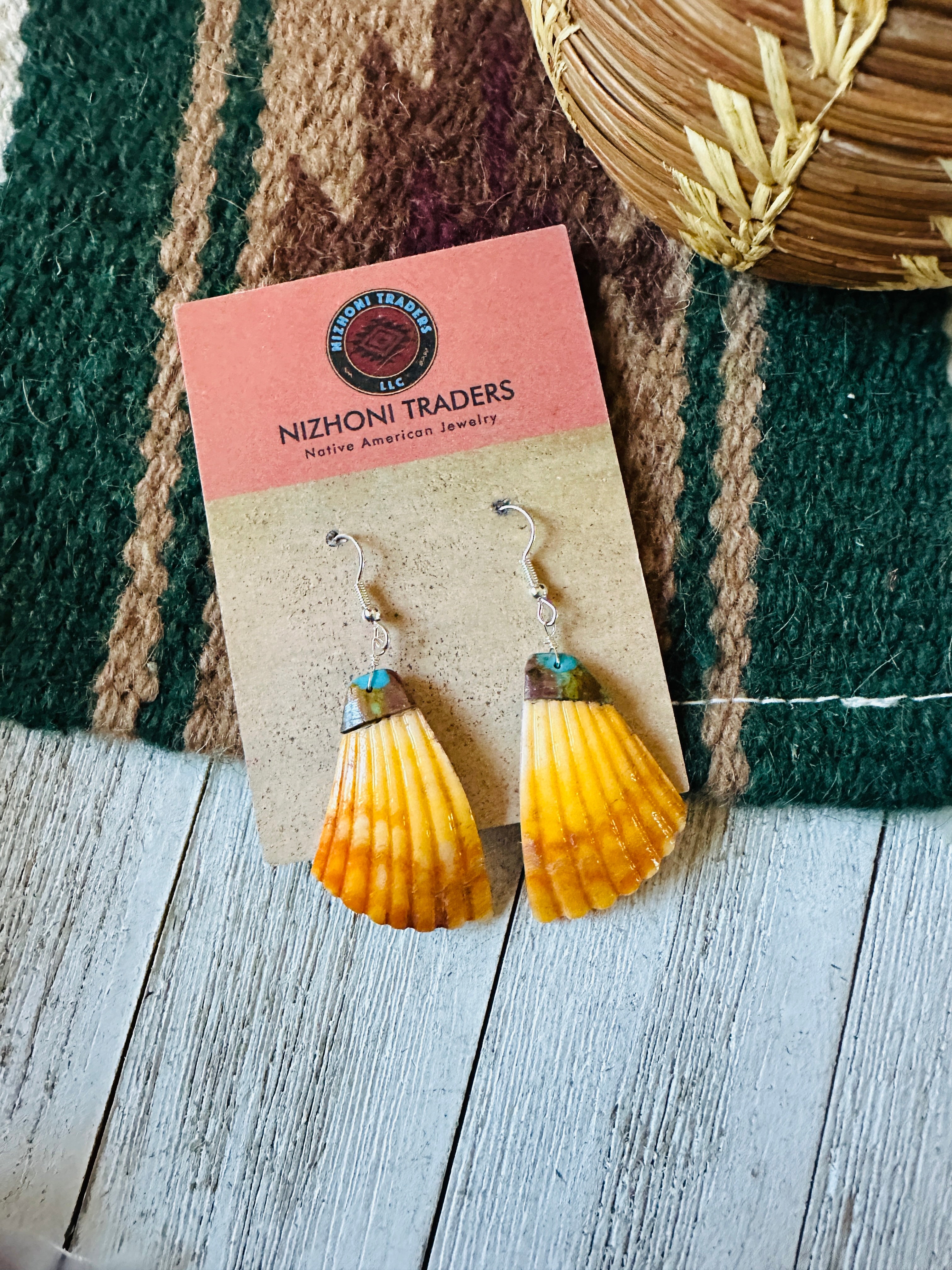 Santo Domingo Shell & Turquoise Feather Dangle Earrings