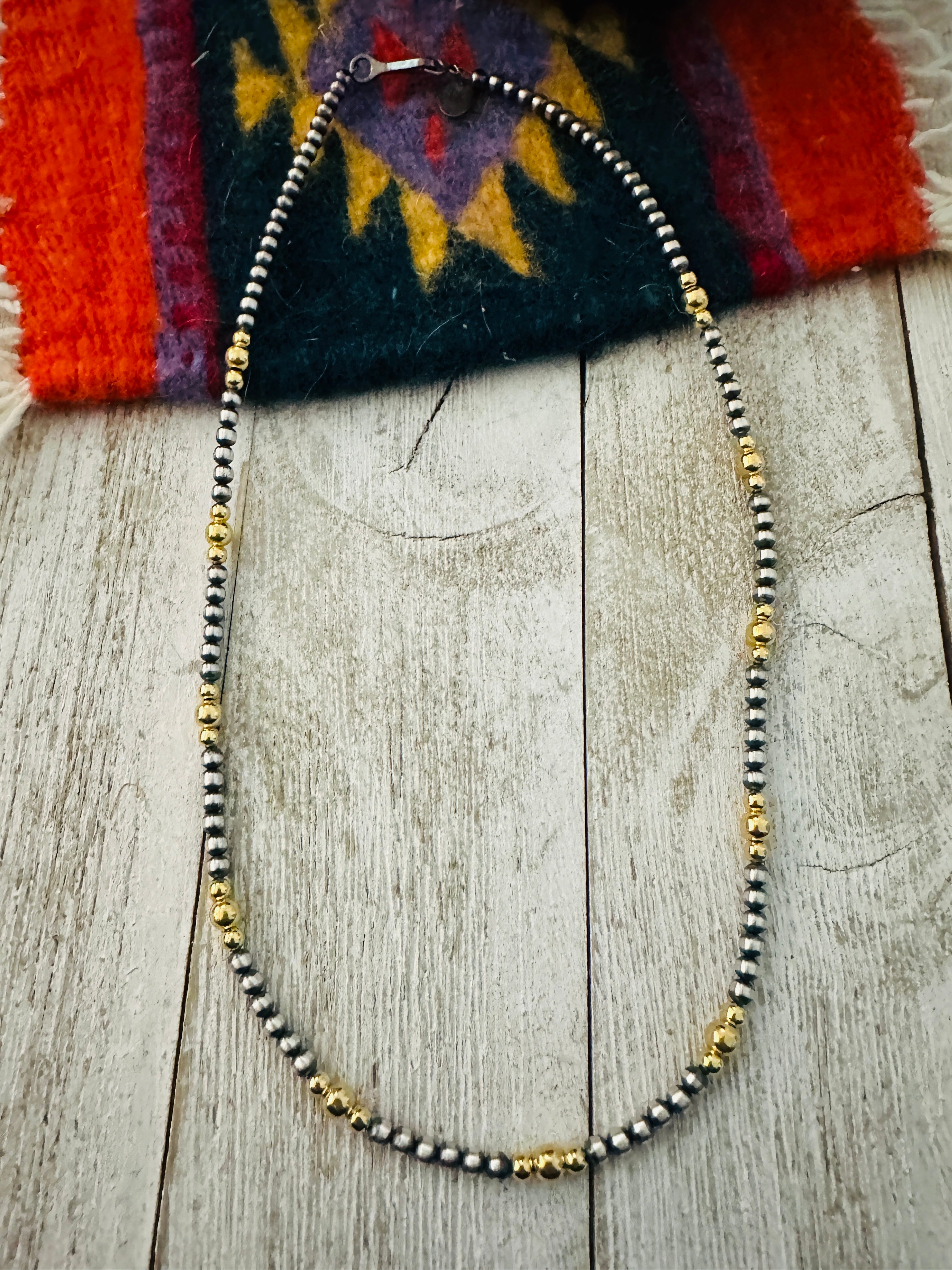 Navajo Sterling Silver & Gold Beaded 16” Necklace