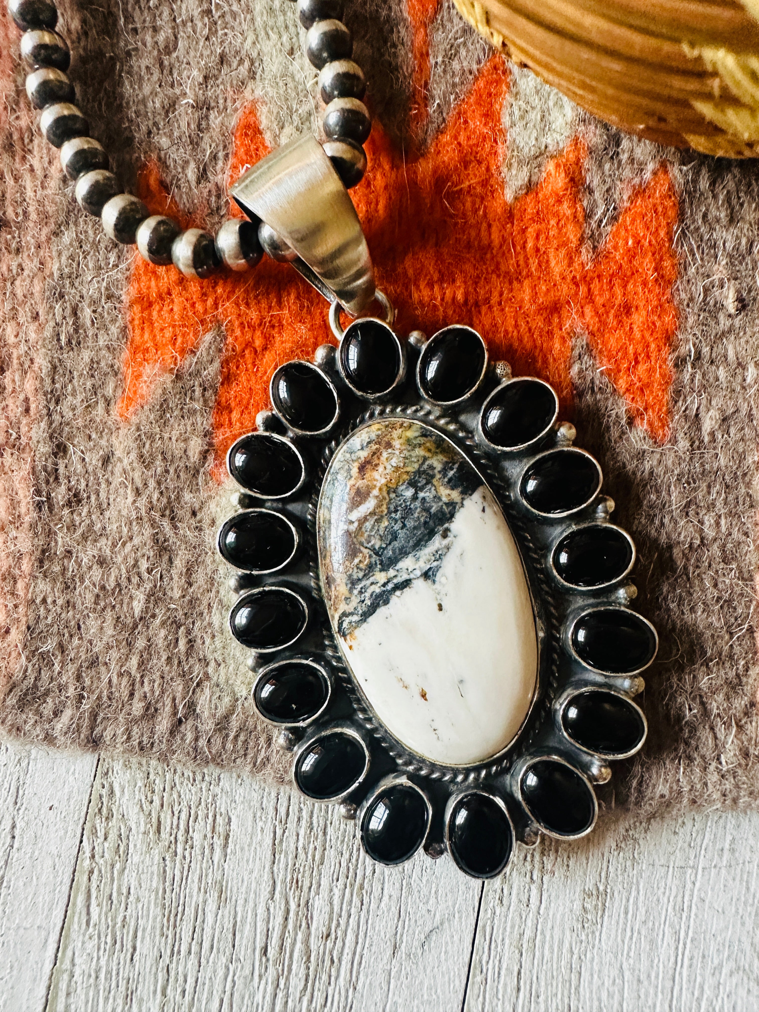 Navajo Black Onyx, Wild Horse and Sterling Silver Cluster Pendant