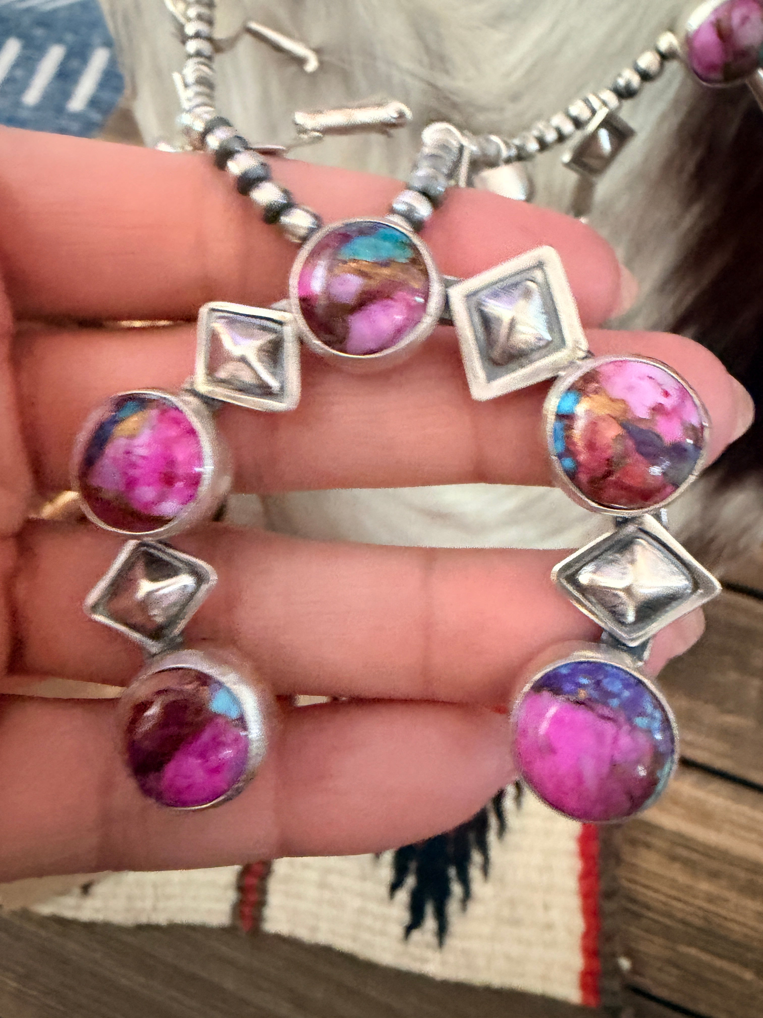 Handcrafted Pink Dream Mojave & Sterling Silver Squash Blossom Necklace and Earring Set