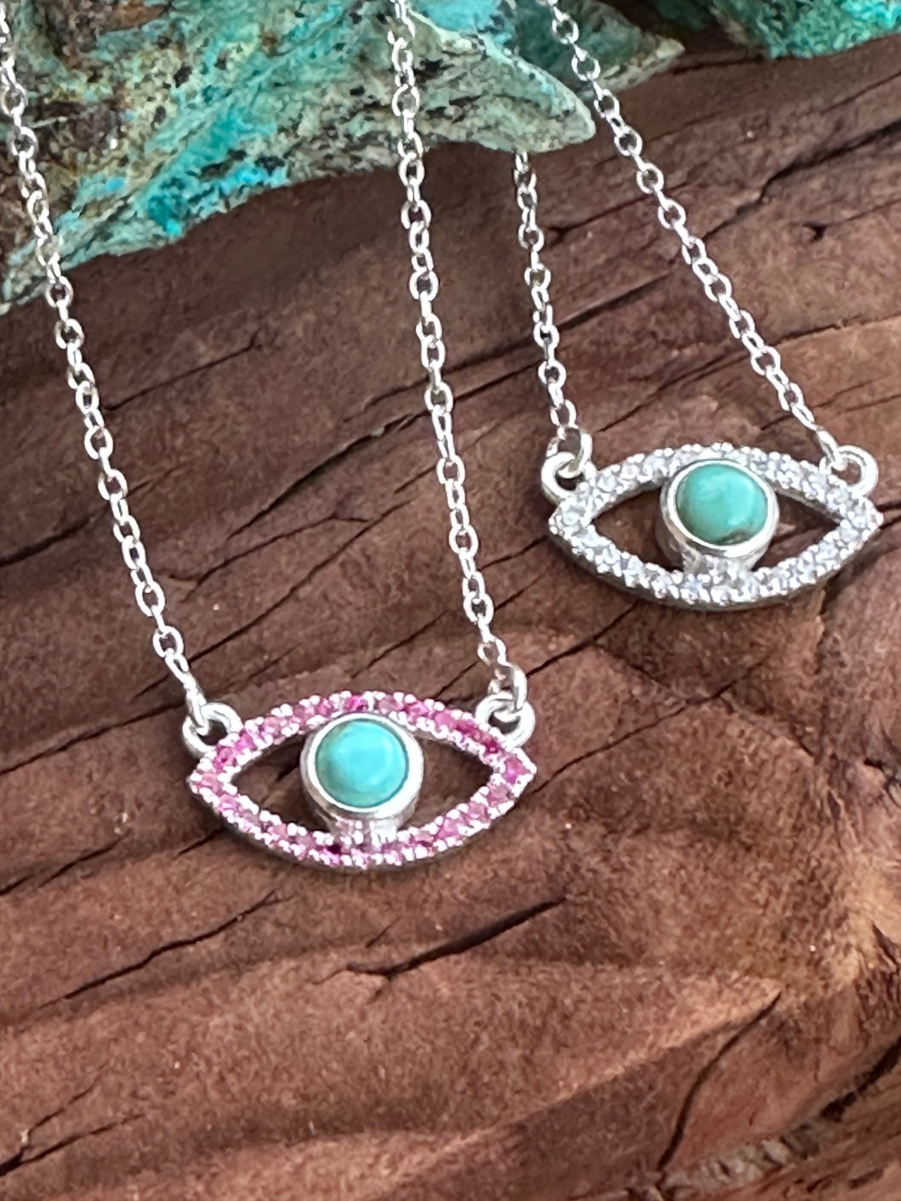 Handmade Sterling Silver Turquoise and CZ Evil Eye Necklace